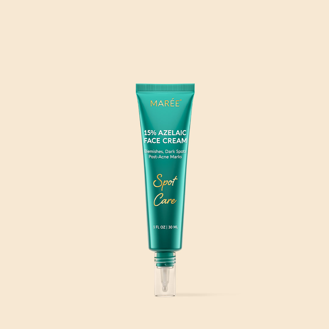 Maree Azelaic Acid Cream for Sensitive Skin in a white jar, showing the product label and creamy texture inside.