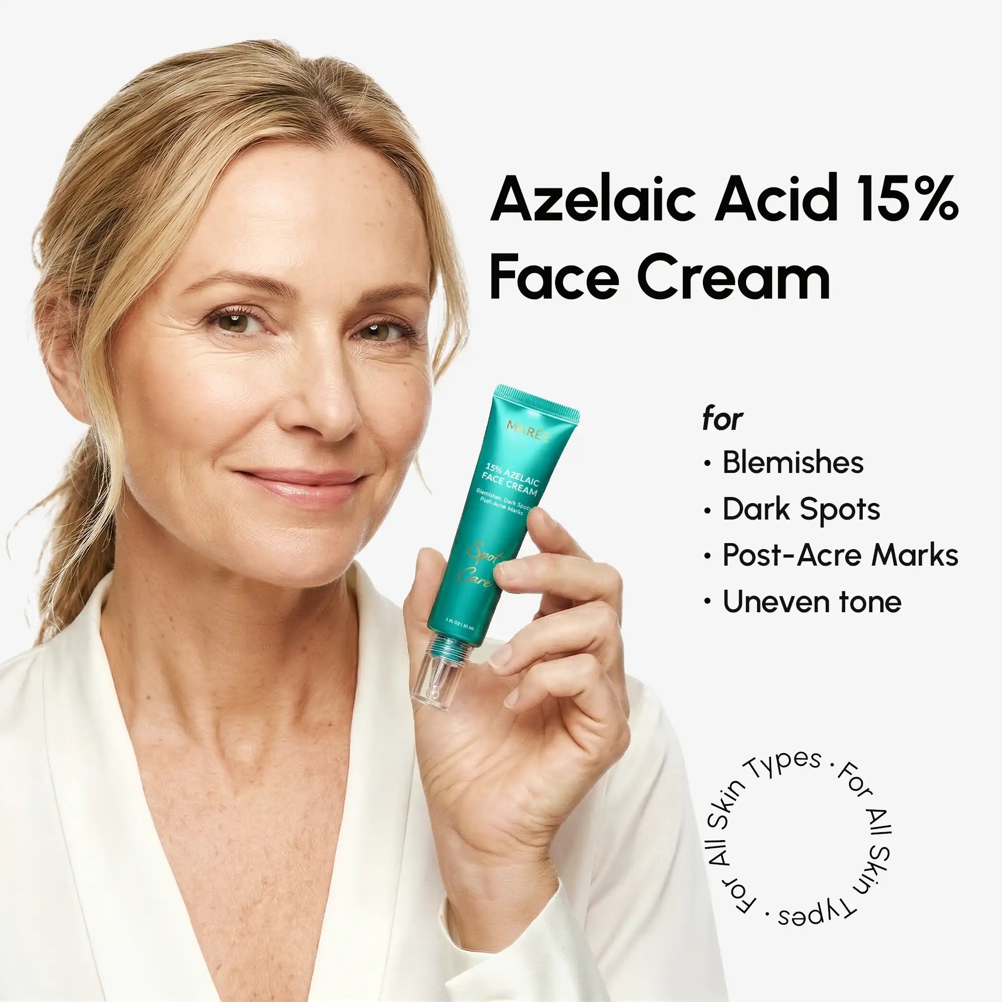 Maree Azelaic Acid Cream for sensitive skin, showing the cream jar with label and smooth texture in a clean setting.