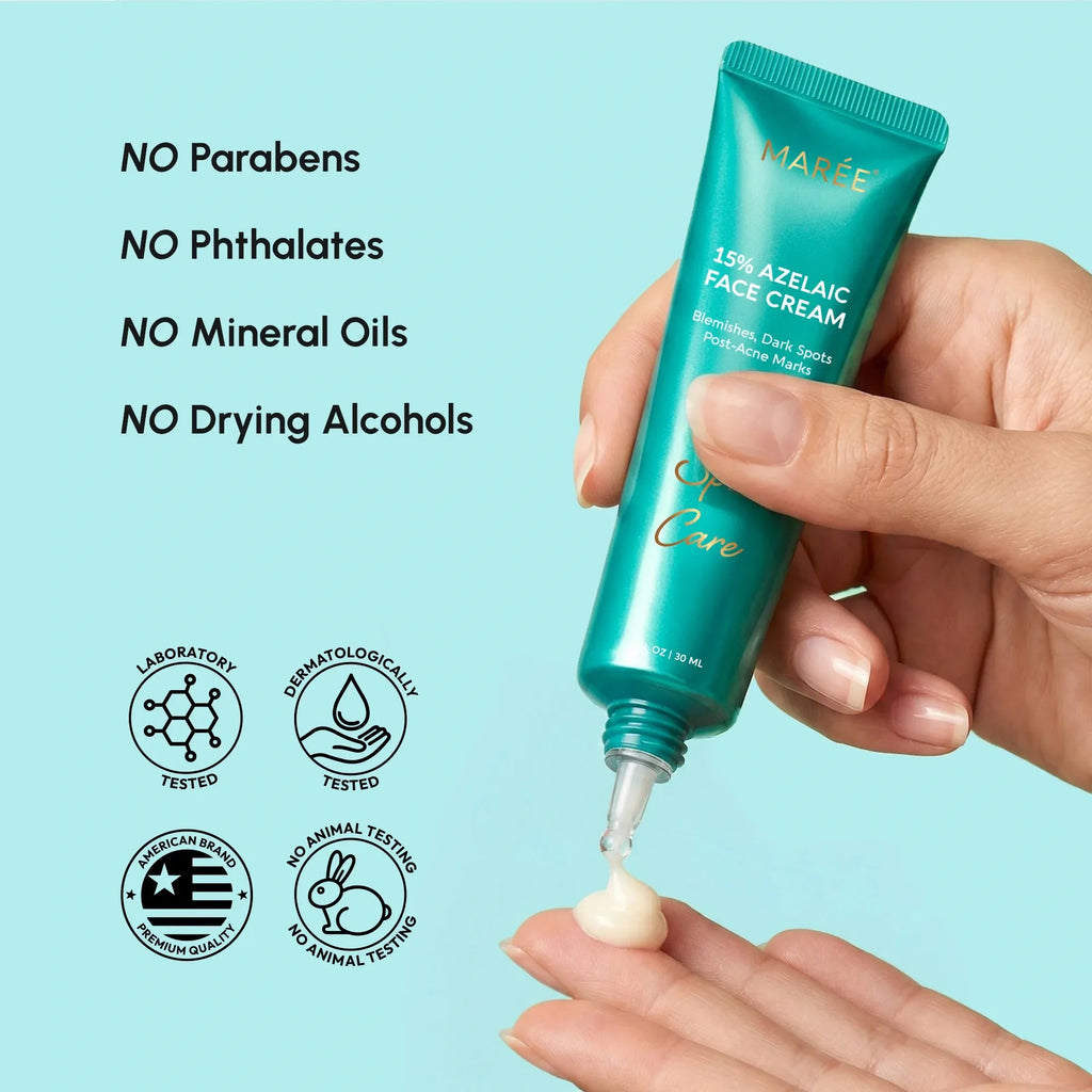 Maree Azelaic Acid Cream for sensitive skin, smooth cream in a white jar with a pump dispenser, suitable for gentle skincare.