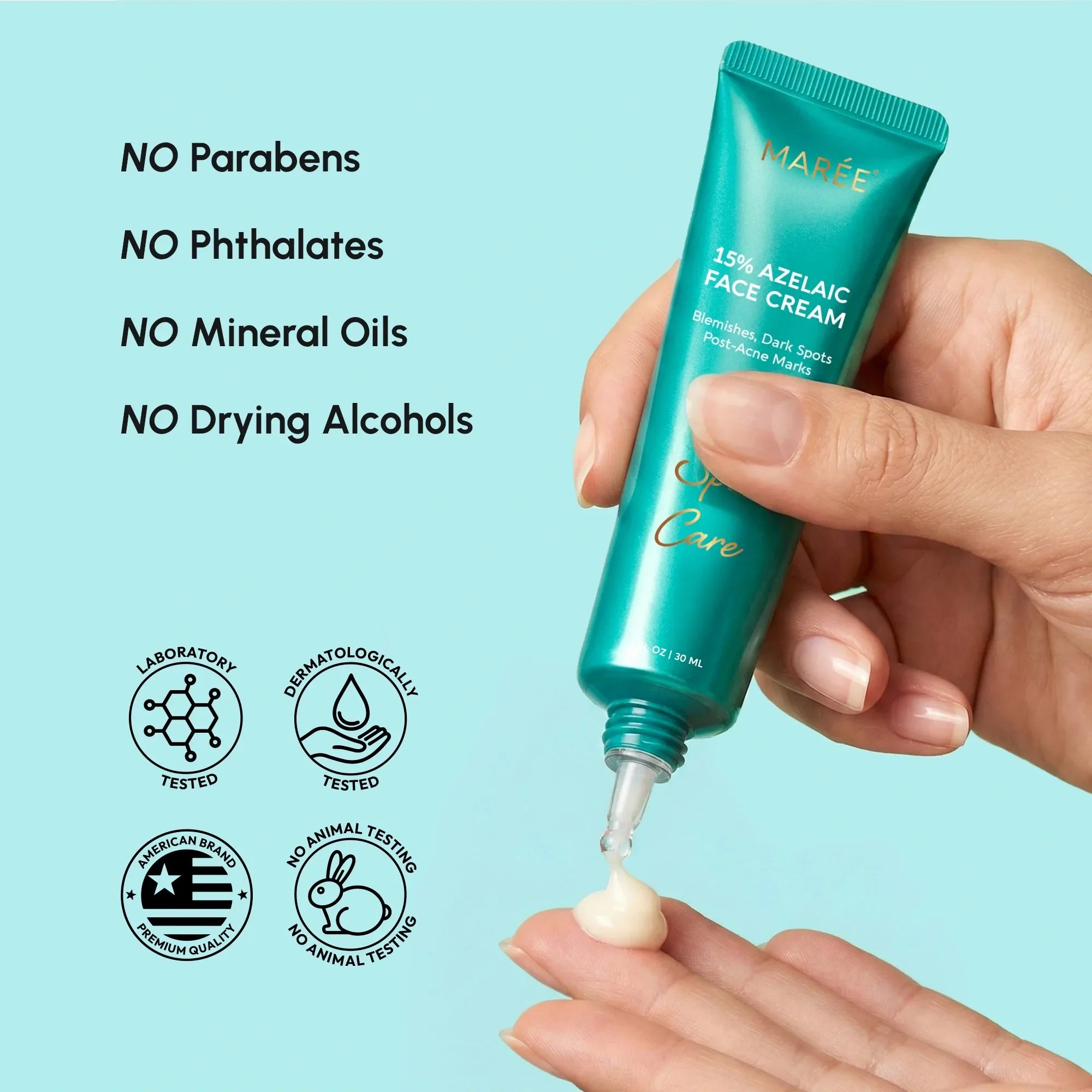 Maree Azelaic Acid Cream for sensitive skin, smooth cream in a white jar with a pump dispenser, suitable for gentle skincare.