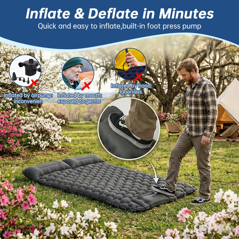 Eprolo ultralight inflatable sleeping pad with pillow, 1-2 person camping mattress, laid out on a tent floor for outdoor sleeping comfort
