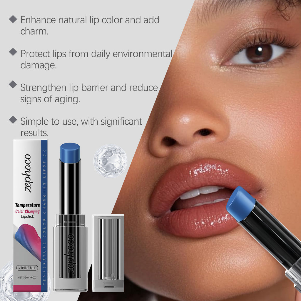 Eprolo Zephoco Midnight Blue Warming Lip Balm applying to lips, nourishing and moisturizing dry lip skin with a smooth, soothing texture.