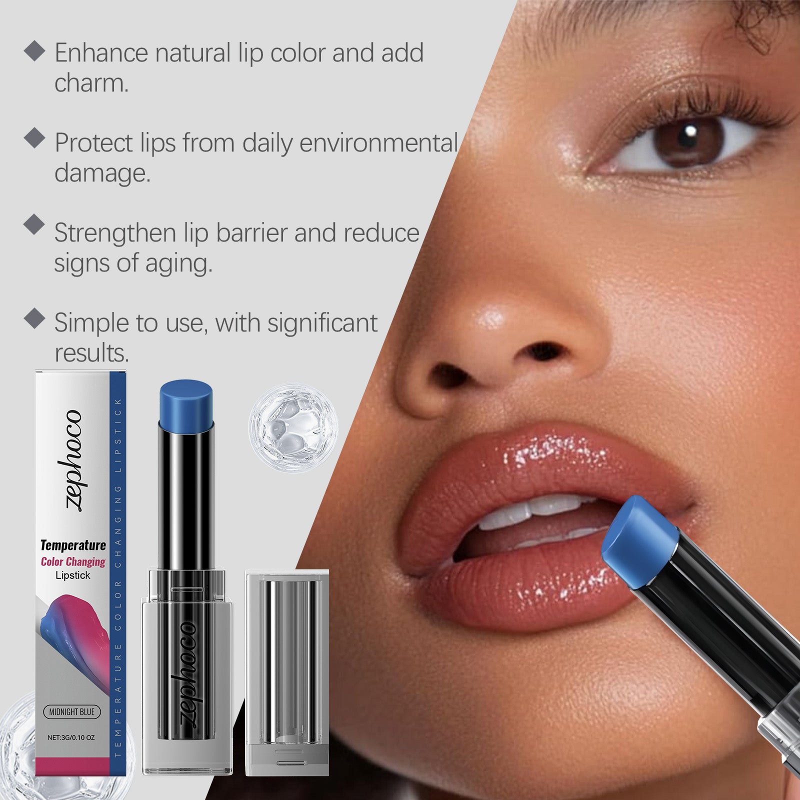 Eprolo Zephoco Midnight Blue Warming Lip Balm applying to lips, nourishing and moisturizing dry lip skin with a smooth, soothing texture.