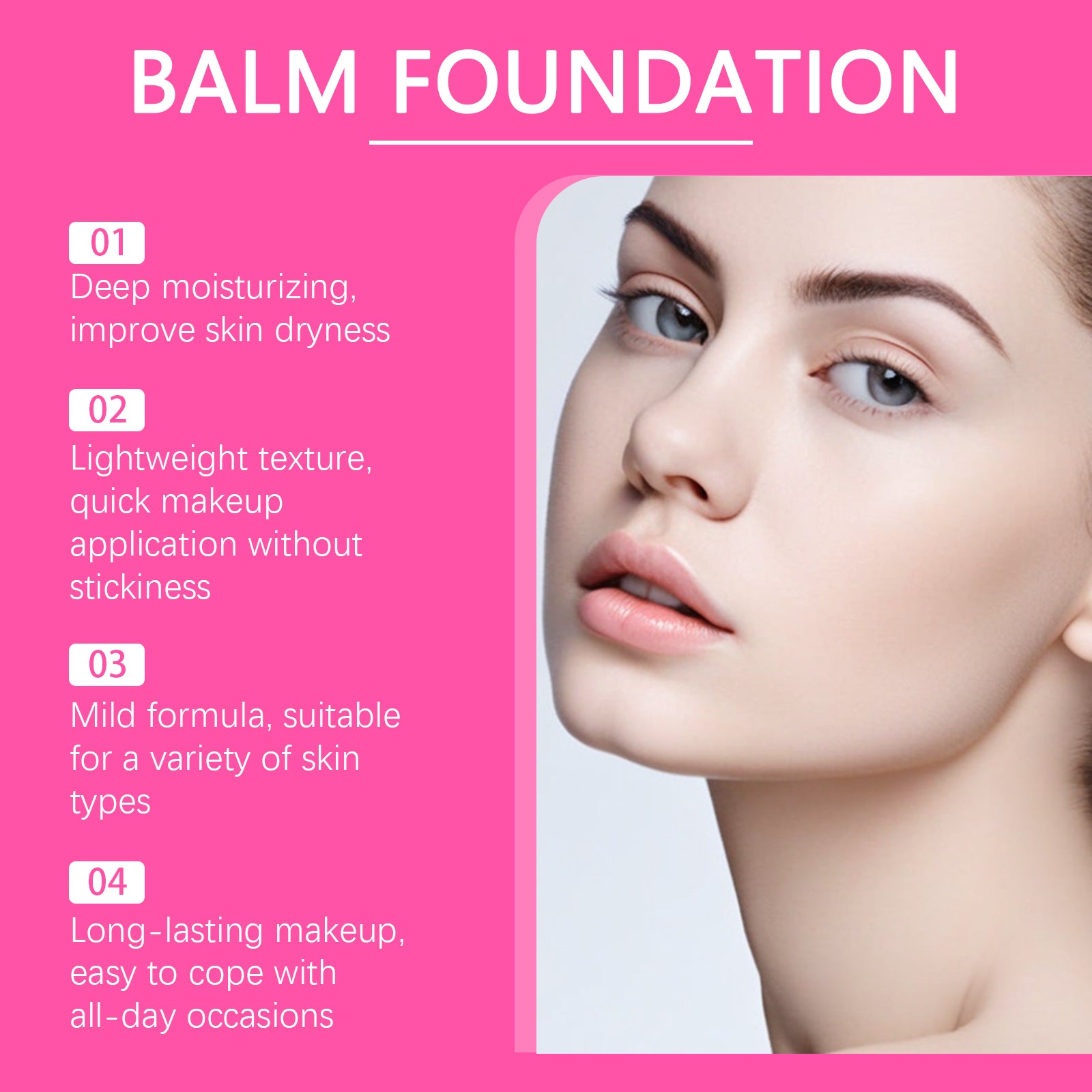 Eprolo Zephoco Moisturizing Foundation in Light shade, showing smooth skin finish on a model's face.