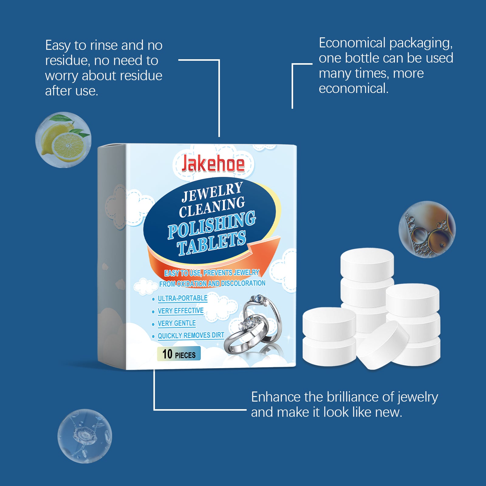 Eprolo jewelry cleaning effervescent tablet dissolving in water, used for cleaning rings, bracelets, and jewelry decontamination.