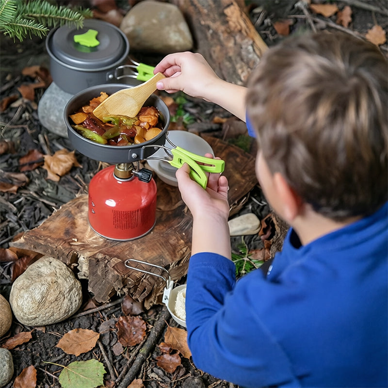 Eprolo backpacking camping cookware set with foldable storage bag, includes portable outdoor tableware and durable lightweight design.