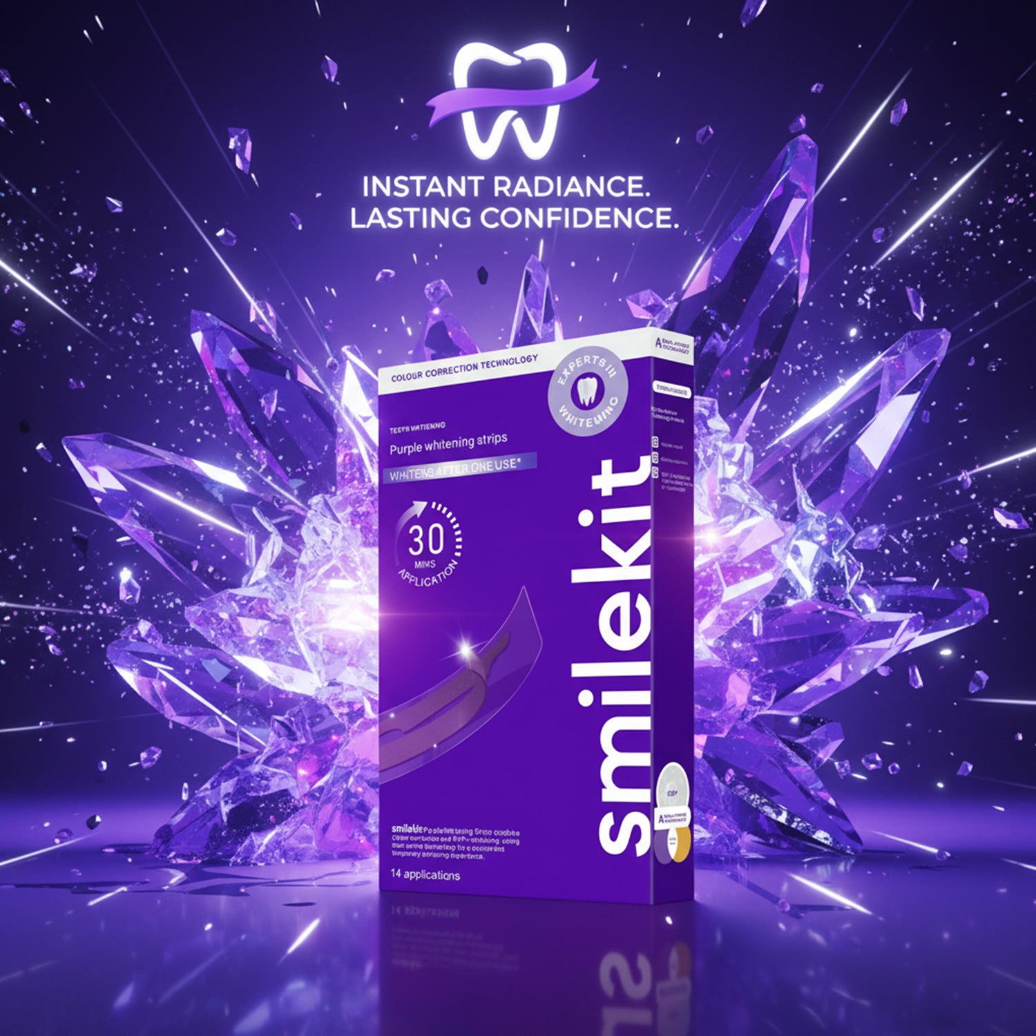 eprolo V34 Purple Teeth Whitening Strips in small purple box, showcasing the whitening strips for brighter teeth