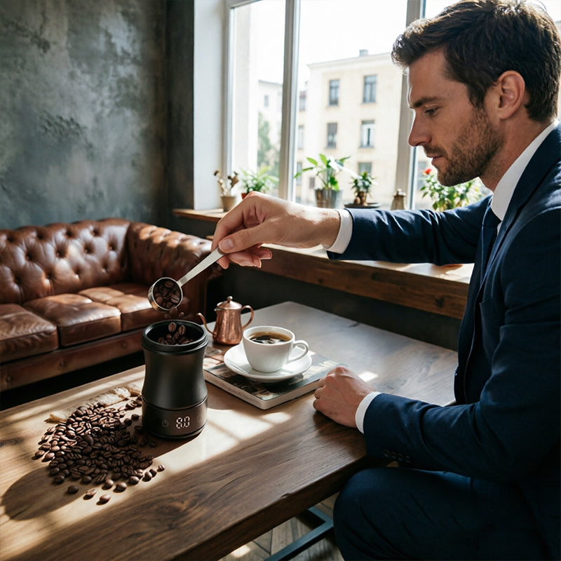 Eprolo lightweight digital coffee dosing cup with rechargeable LED display, designed for precise espresso weighing.