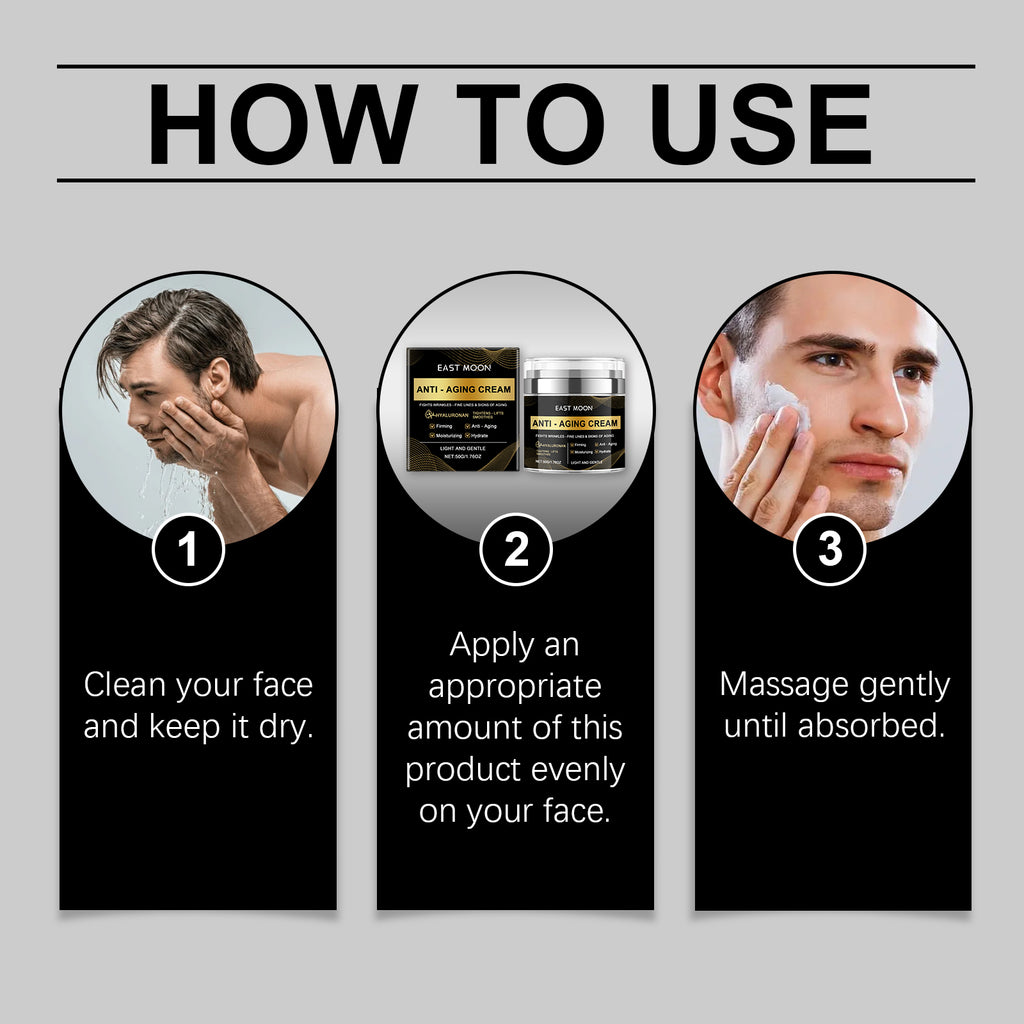 East Moon men's anti-aging moisturizing cream by eprolo, showing a jar of deep moisturizing, nourishing, and skin-firming cream.
