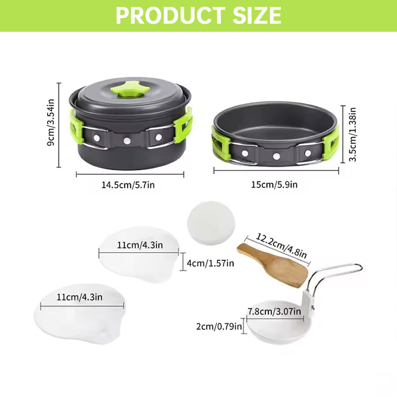 Eprolo backpacking camping cookware set with portable tableware, lightweight, durable, foldable storage bag for outdoor cooking.