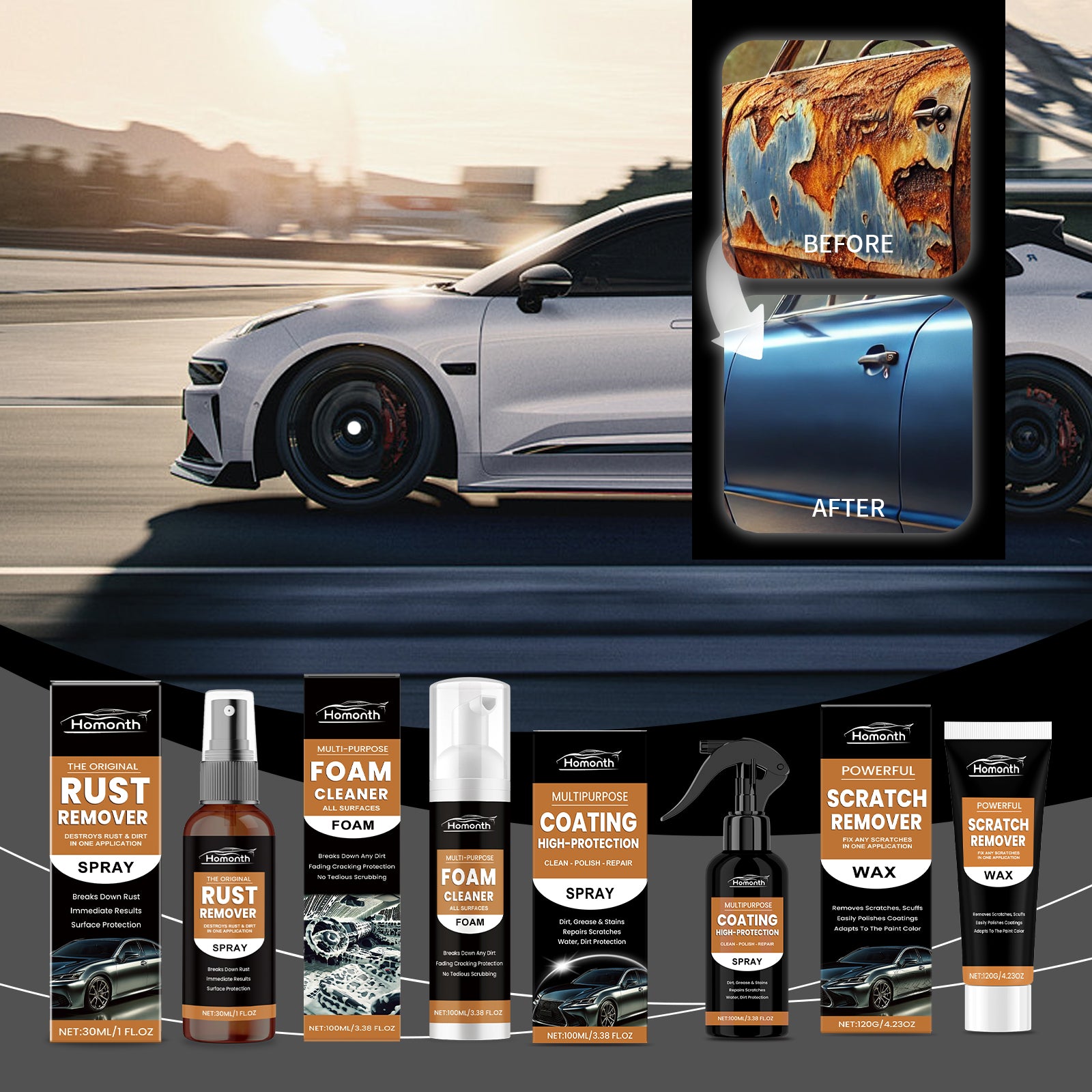 Eprolo Homonth automobile protective coating spray for car cleaning, rust removal, scratch repair, and universal vehicle care.