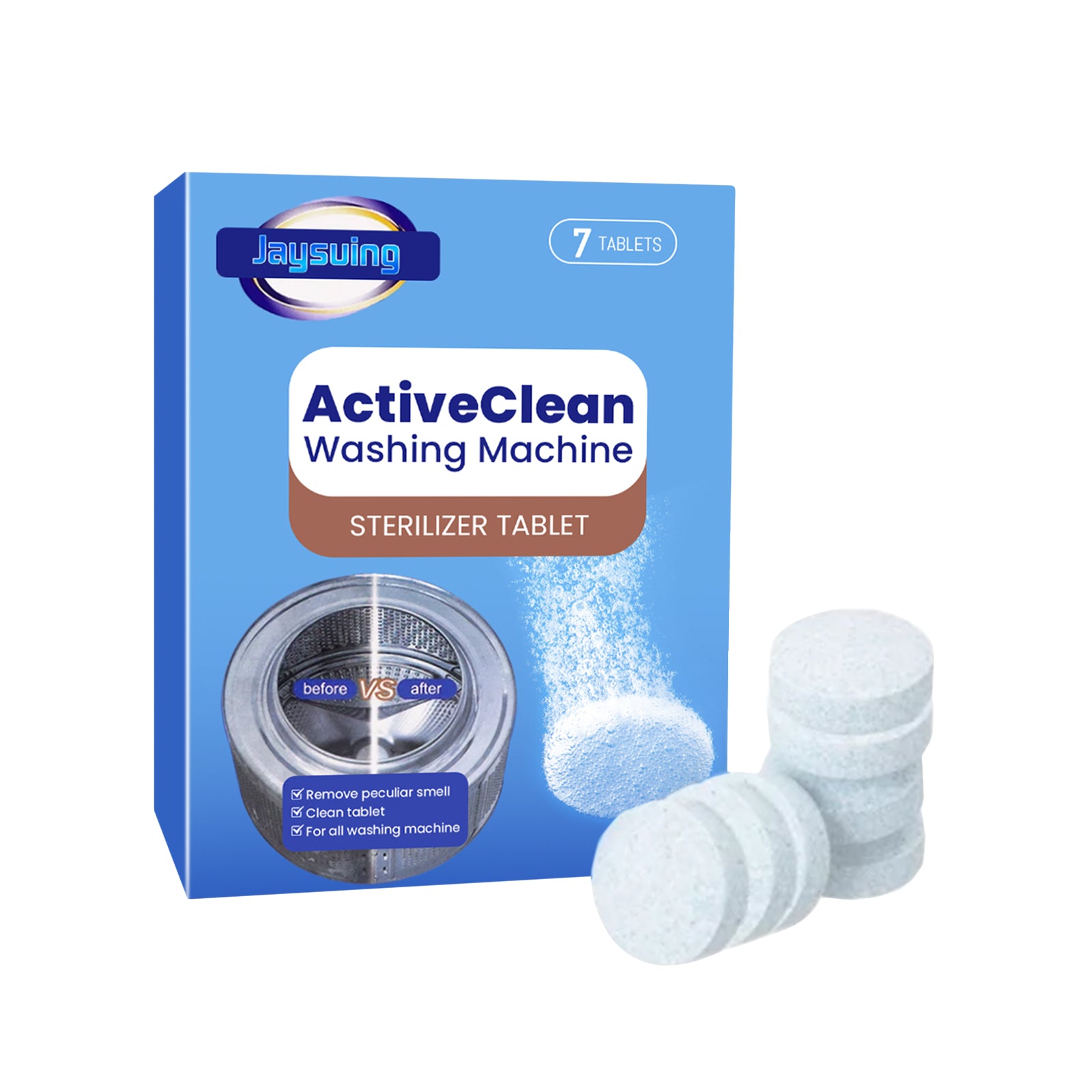 Eprolo washing machine cleaning tablets for automatic drum and odor removal, shown with packaging and tablets in the image.
