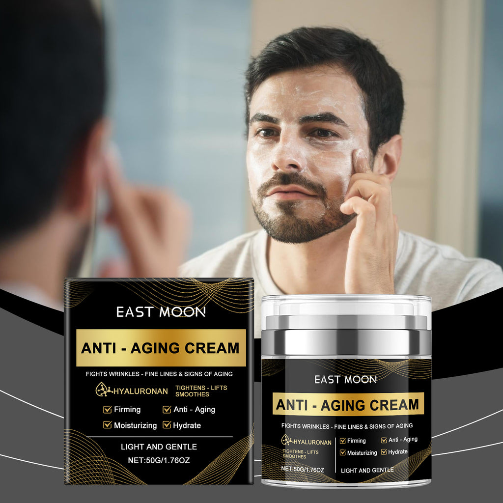 Eprolo East Moon men's anti-aging moisturizing cream jar showing smooth, creamy texture for deep hydration and skin nourishment