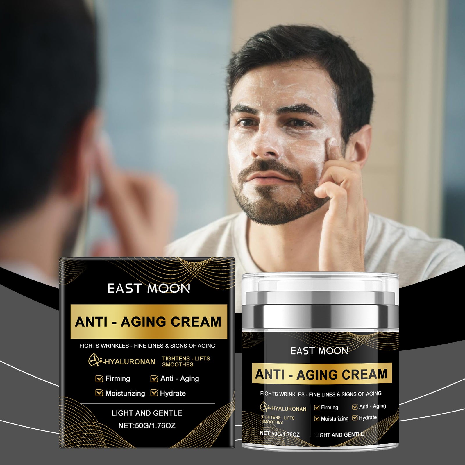 Eprolo East Moon men's anti-aging moisturizing cream jar showing smooth, creamy texture for deep hydration and skin nourishment