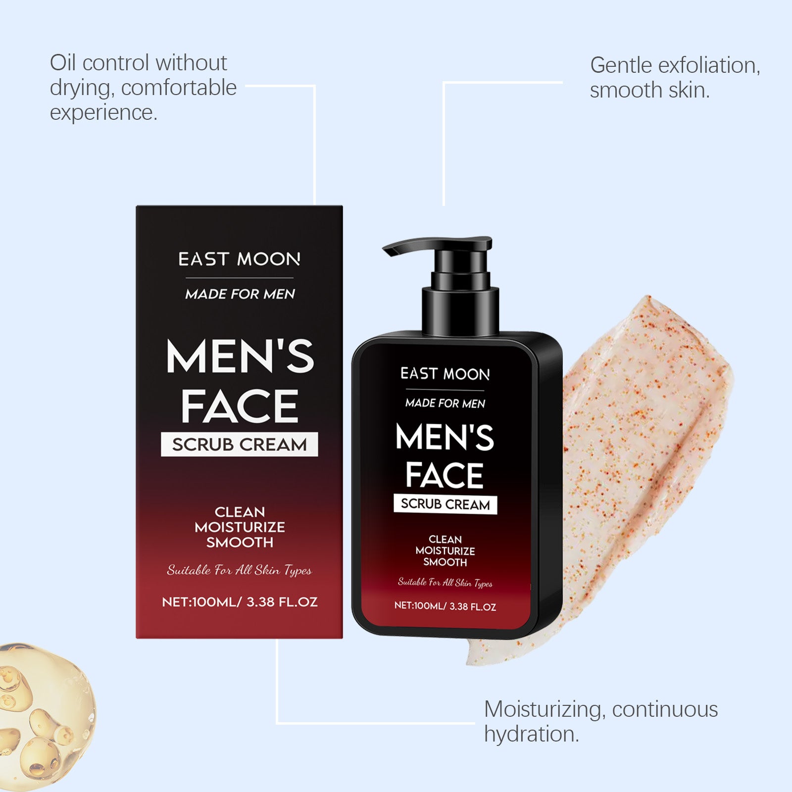 East Moon men's oil control scrub by eprolo, gentle facial cleanser with refreshing and moisturizing properties, shown in the image.