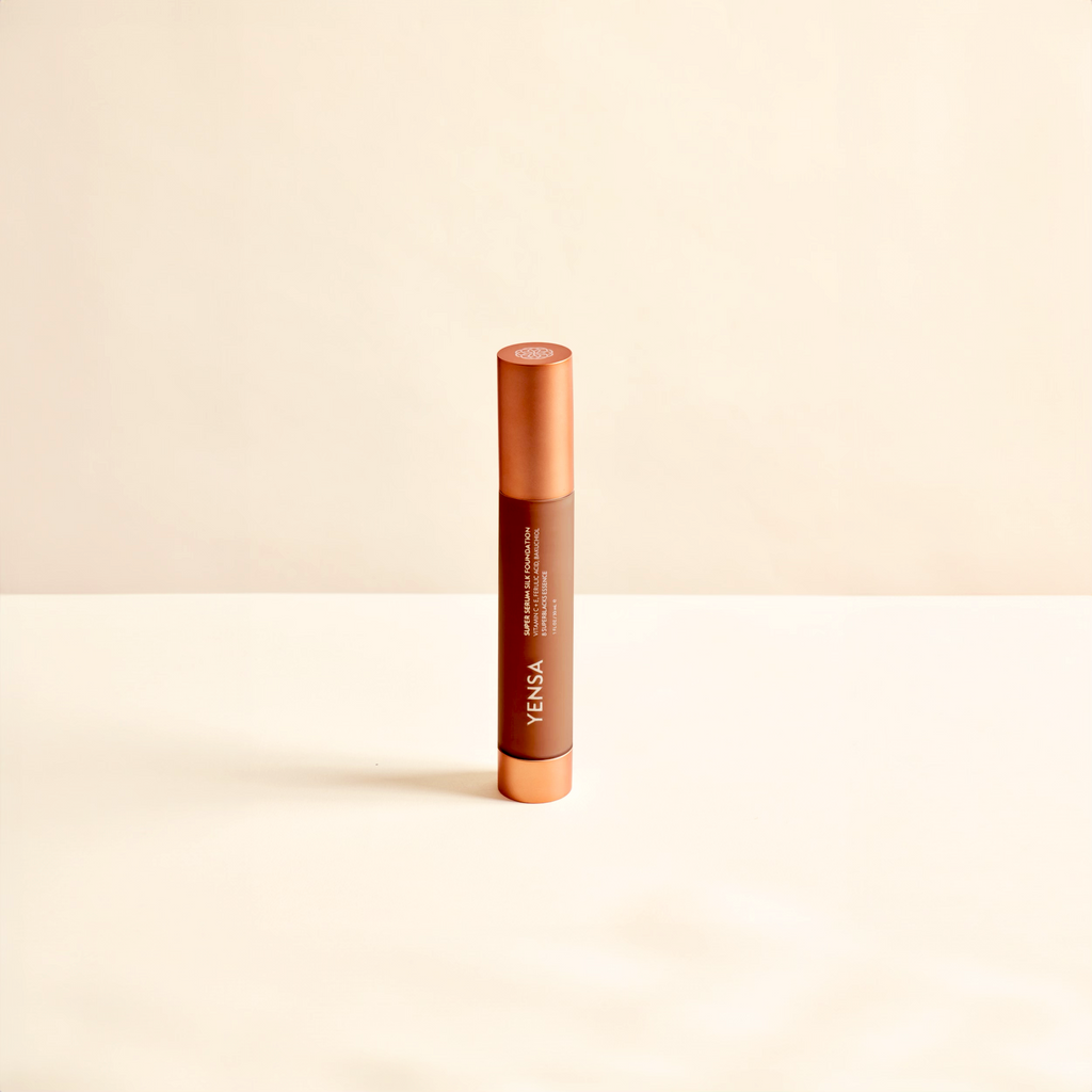 YENSA Super Serum Silk Foundation in deep shade, showing smooth liquid formula and natural glow finish for radiant skin.