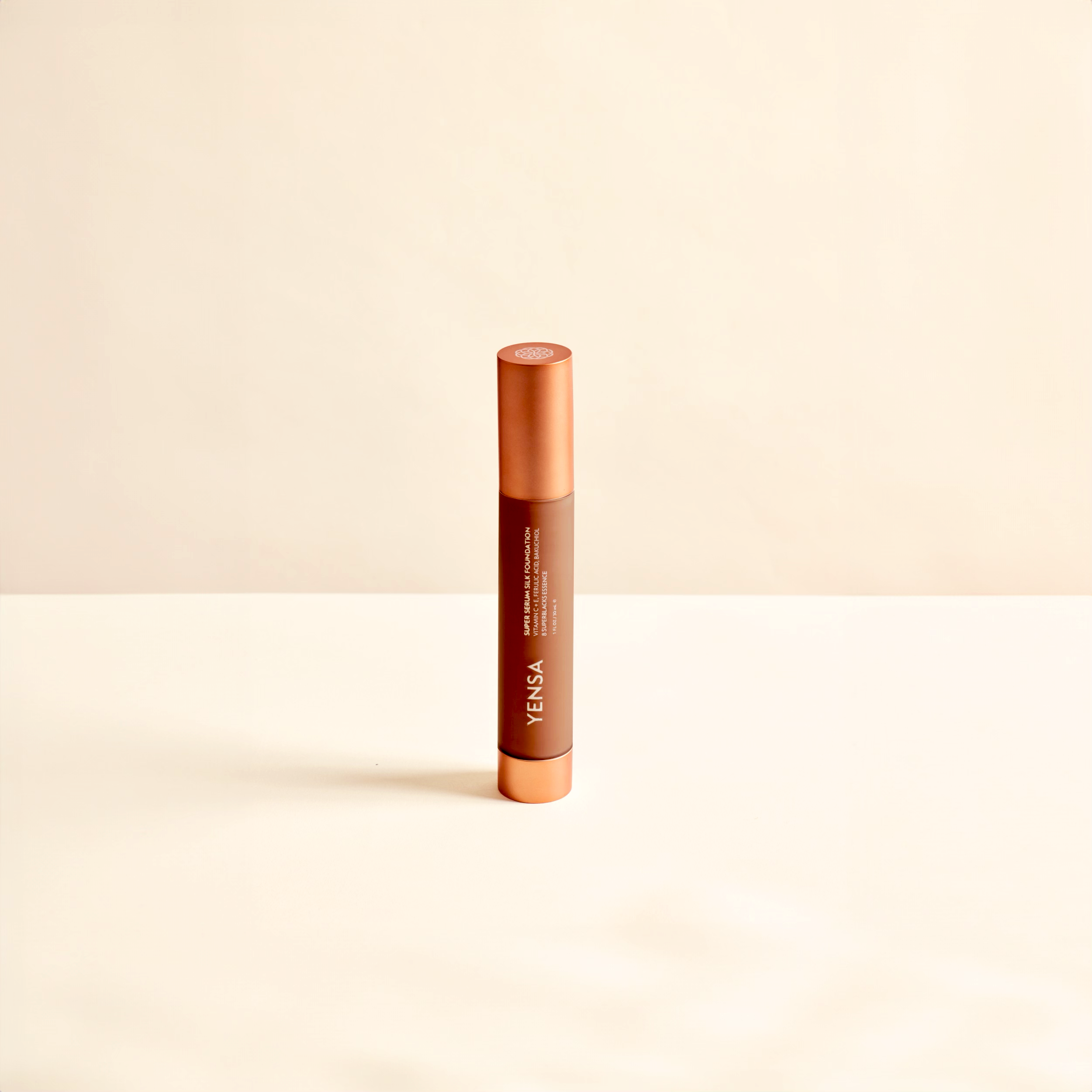 YENSA Super Serum Silk Foundation in deep shade, showing smooth liquid formula and natural glow finish for radiant skin.