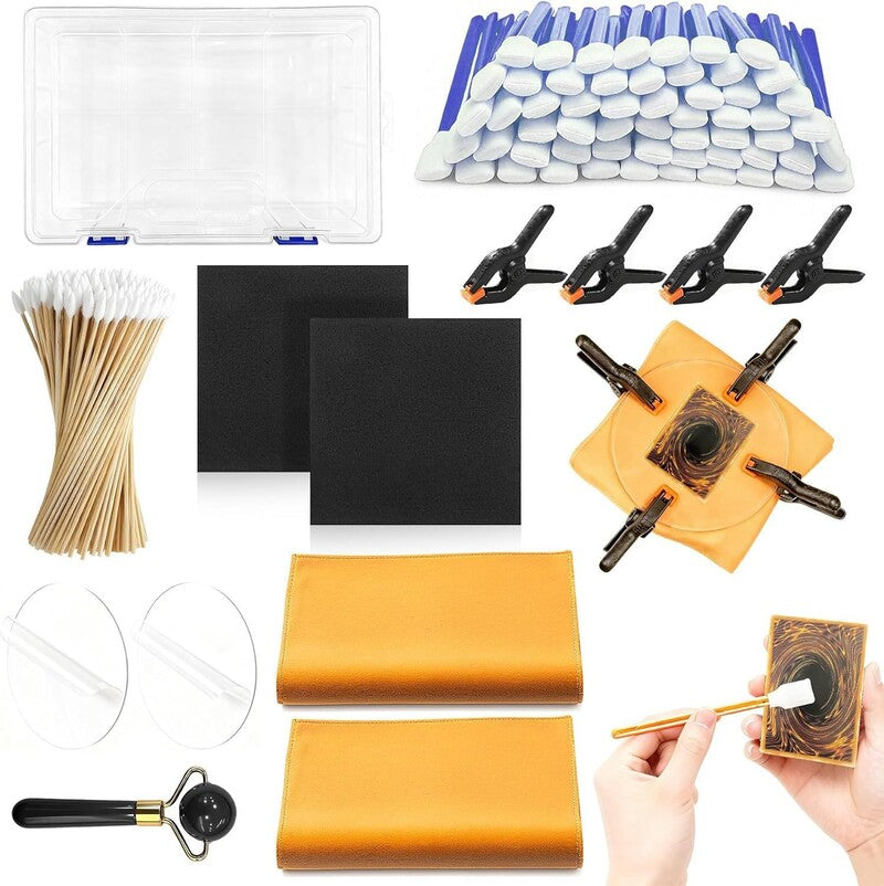 Acrylic card flattener kit by eprolo with precision support tools for straightening warped or bent trading cards.