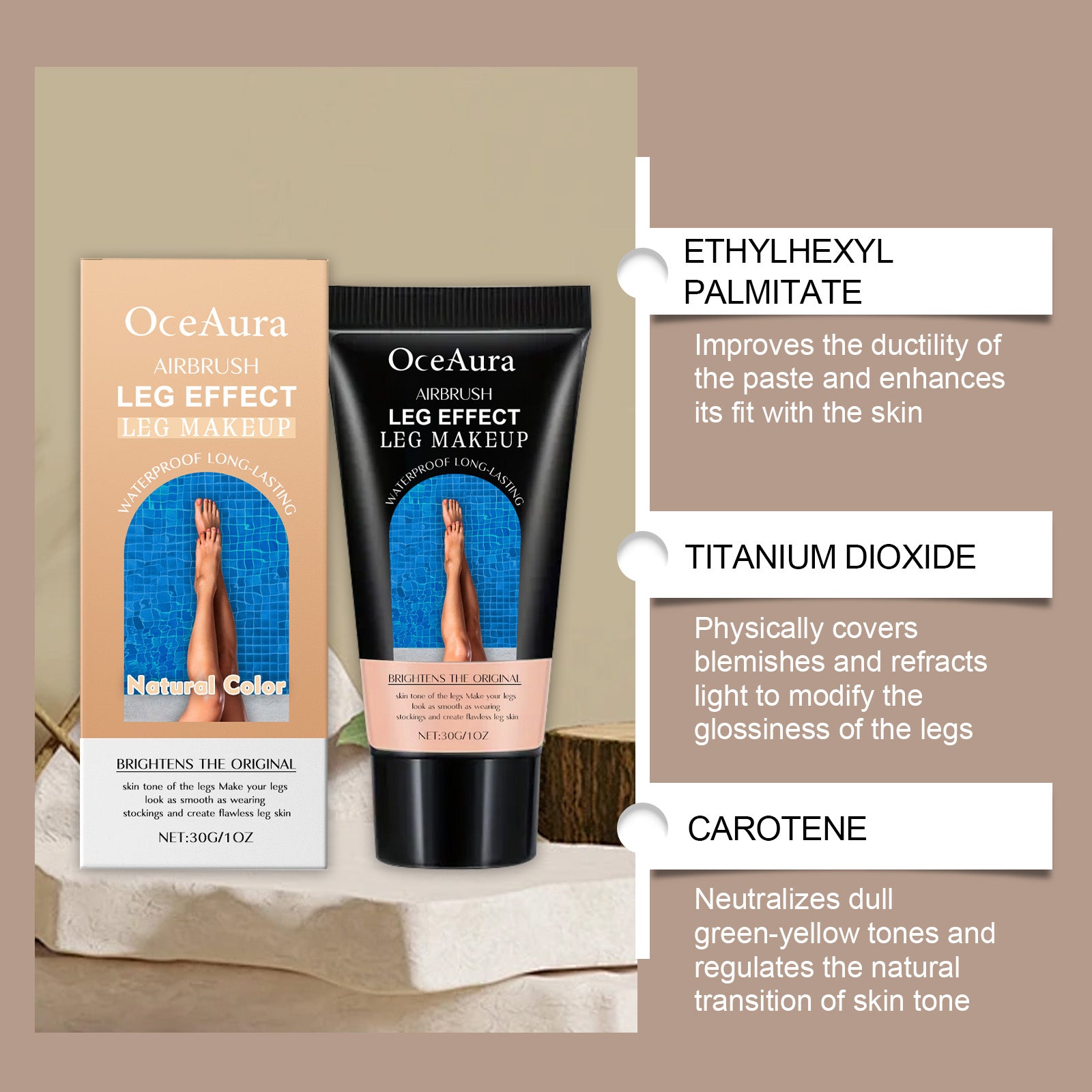 eprolo OceAura Leg Skin Tone Foundation and Summer Beach Bronzer with wheat skin tone enhancement, applied on legs for a natural glow