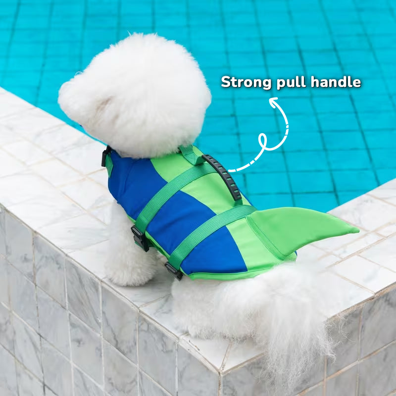 Eprolo dog life jacket with adjustable straps, tail design, grab handle, flotation safety vest for swimming, pool, and water rescue.