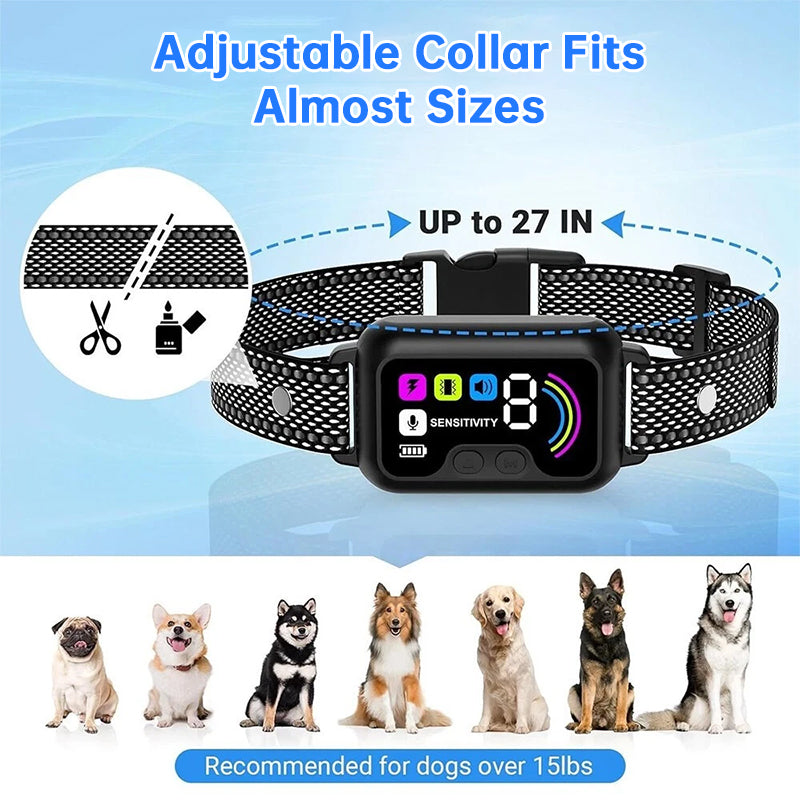 eprolo smart dog bark control collar with color screen, waterproof design, multiple stop modes, and adjustable sensitivity levels