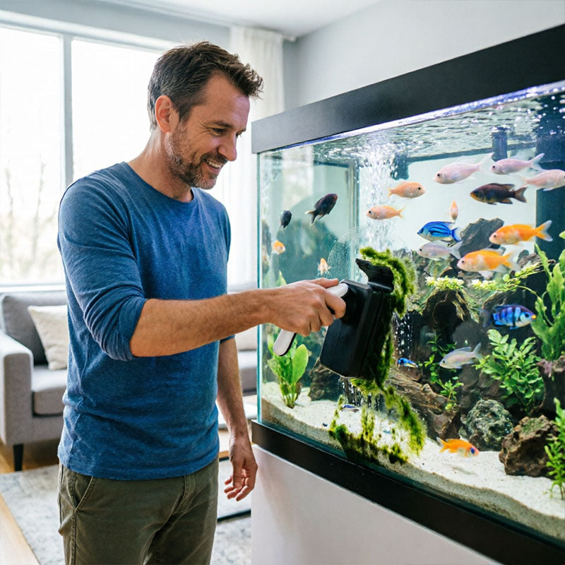 Strong magnetic aquarium cleaner with floating algae scraper brush and non-slip handle for small, medium, and large fish tanks by eprolo