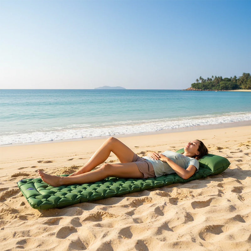 Ultralight inflatable sleeping pad with pillow from eprolo, suitable for 1-2 person camping and backpacking adventures.
