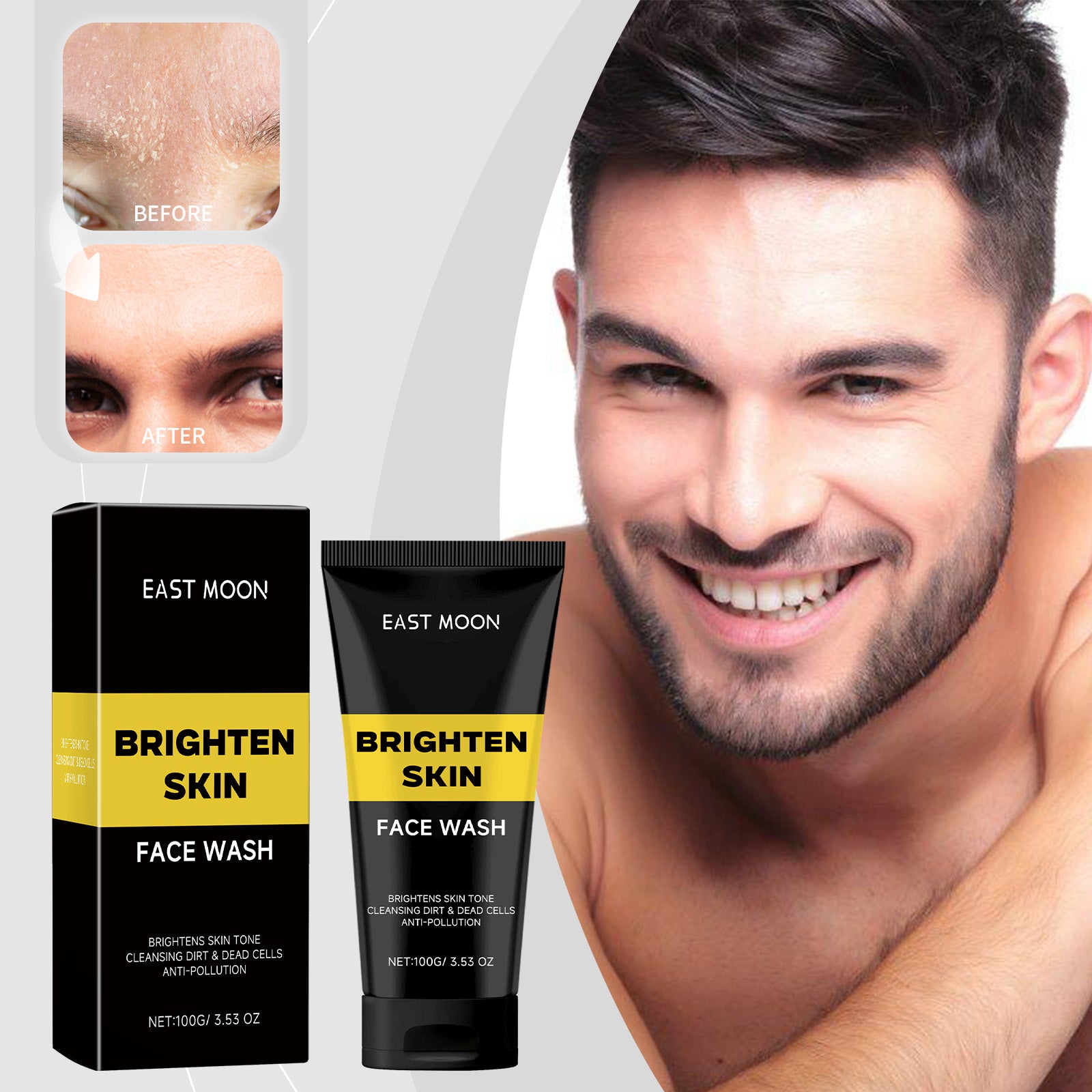 Eprolo East Moon facial cleanser for men, moisturizing foam with deep clean and gentle, non-tightening skincare.