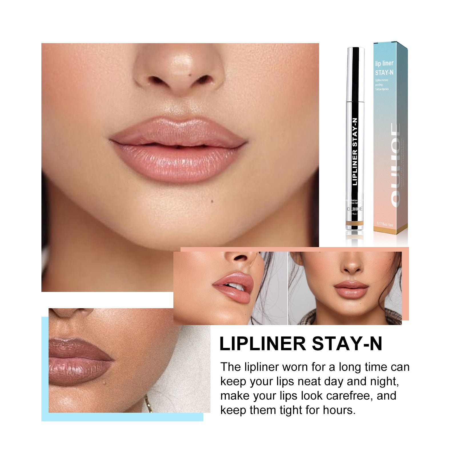 Eprolo OUHOE light brown stripping lip liner applied along natural lip outline, highlighting lip color and defining lip lines.