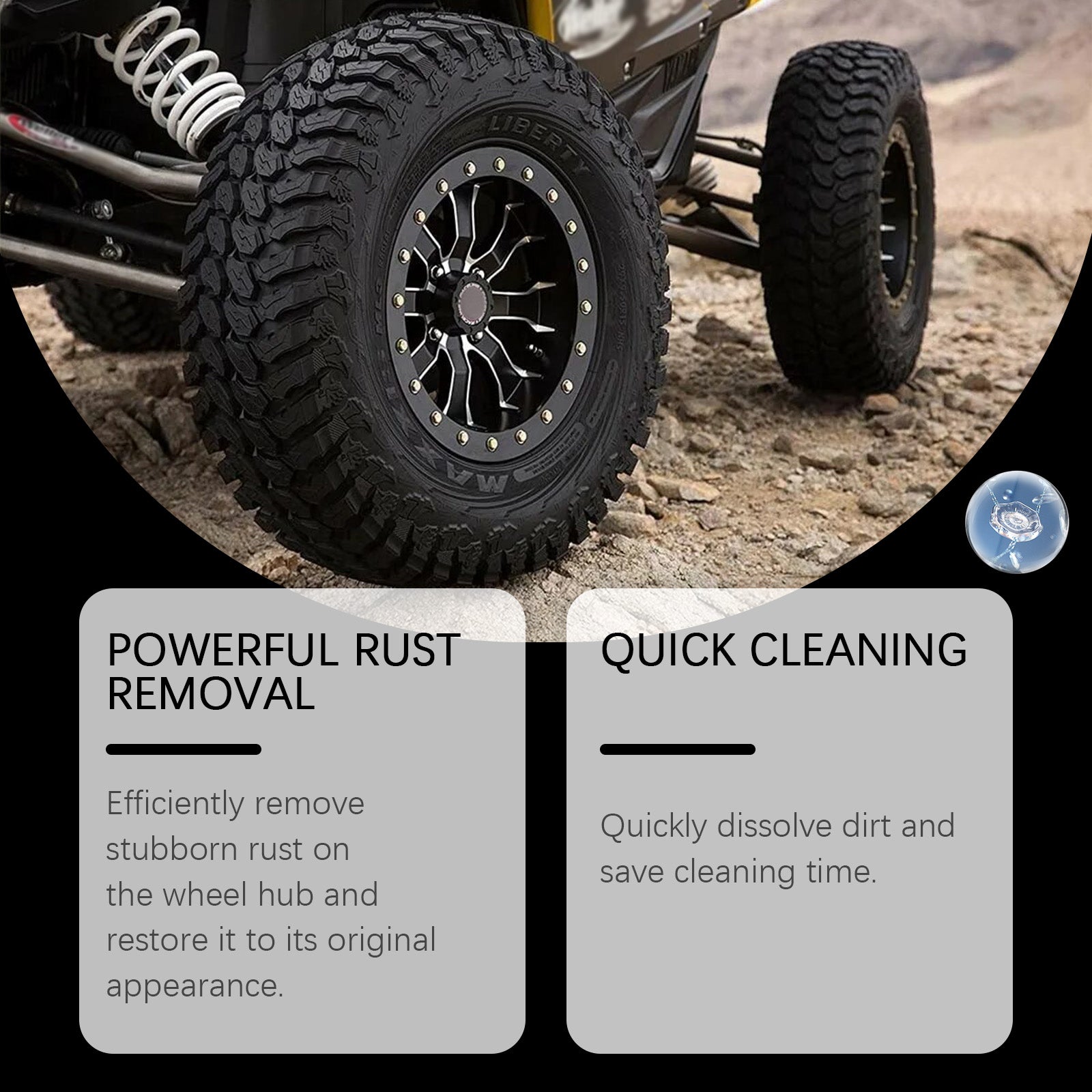 eprolo car rust cleaning agent applied to car tire, decontaminating and removing scale rust for a clean, restored surface