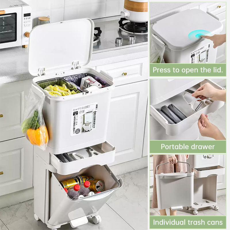 eprolo 42L kitchen trash can with three compartments, pedal operation, and wheels for recycling and waste separation.
