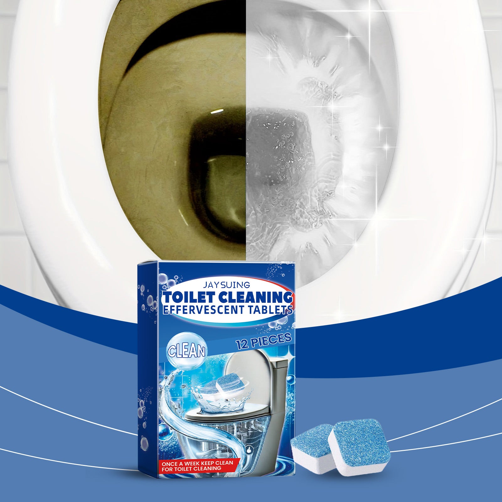 Eprolo toilet cleaning tablets with fresh fragrance for removing dirt, stains, and odors in bathroom toilets.