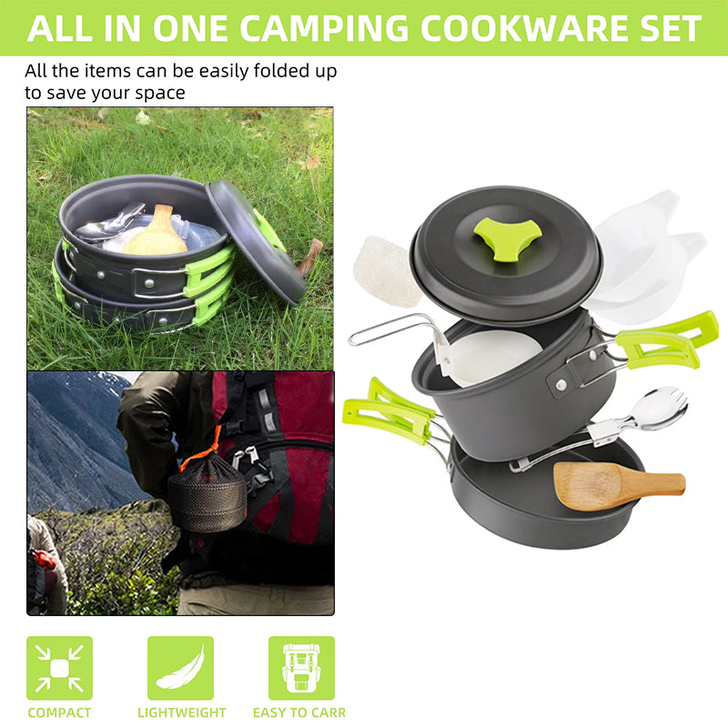 eprolo backpacking camping cookware set with portable tableware, lightweight, durable, foldable storage bag for outdoor cooking.