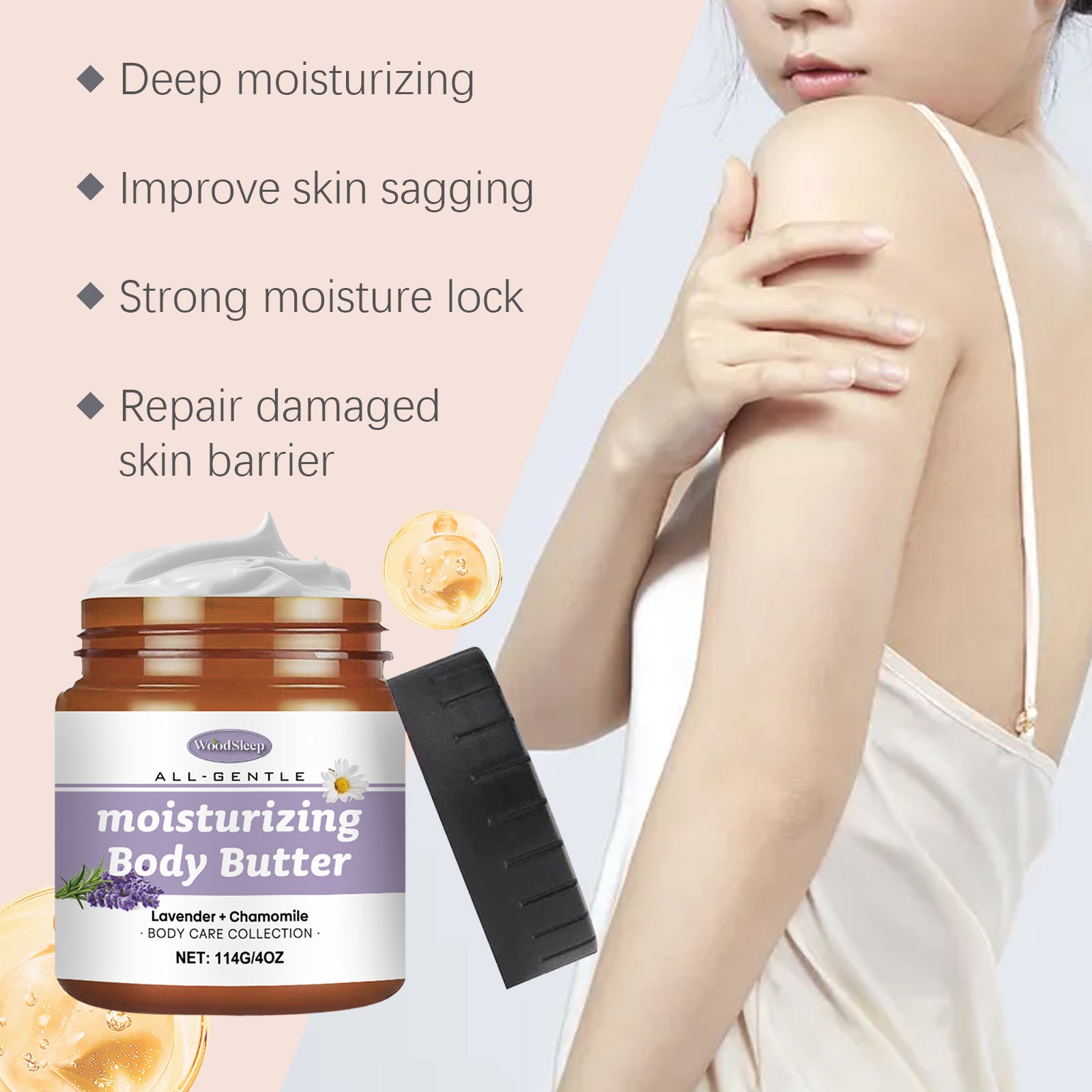 Eprolo WoodSleep lavender and chamomile body butter moisturizer, creamy texture, natural ingredients, and soothing application.