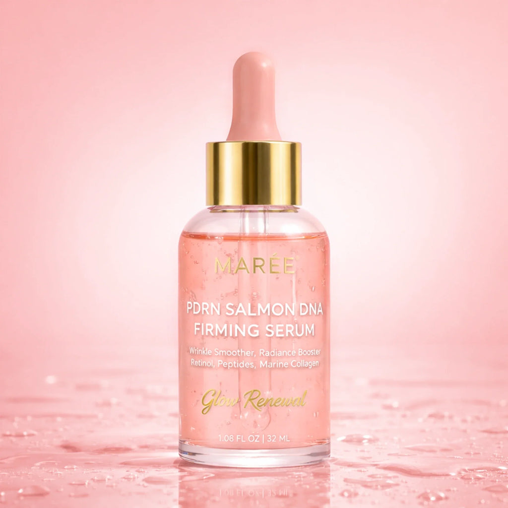 Maree Firming & Renewing PDRN Serum in a clear glass bottle with a white pump dispenser, displayed on a neutral background.