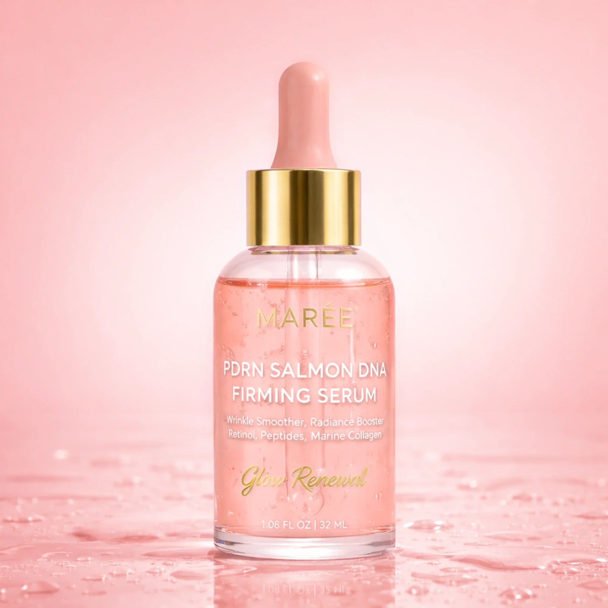Maree Firming & Renewing PDRN Serum in a clear glass bottle with a white pump dispenser, displayed on a neutral background.