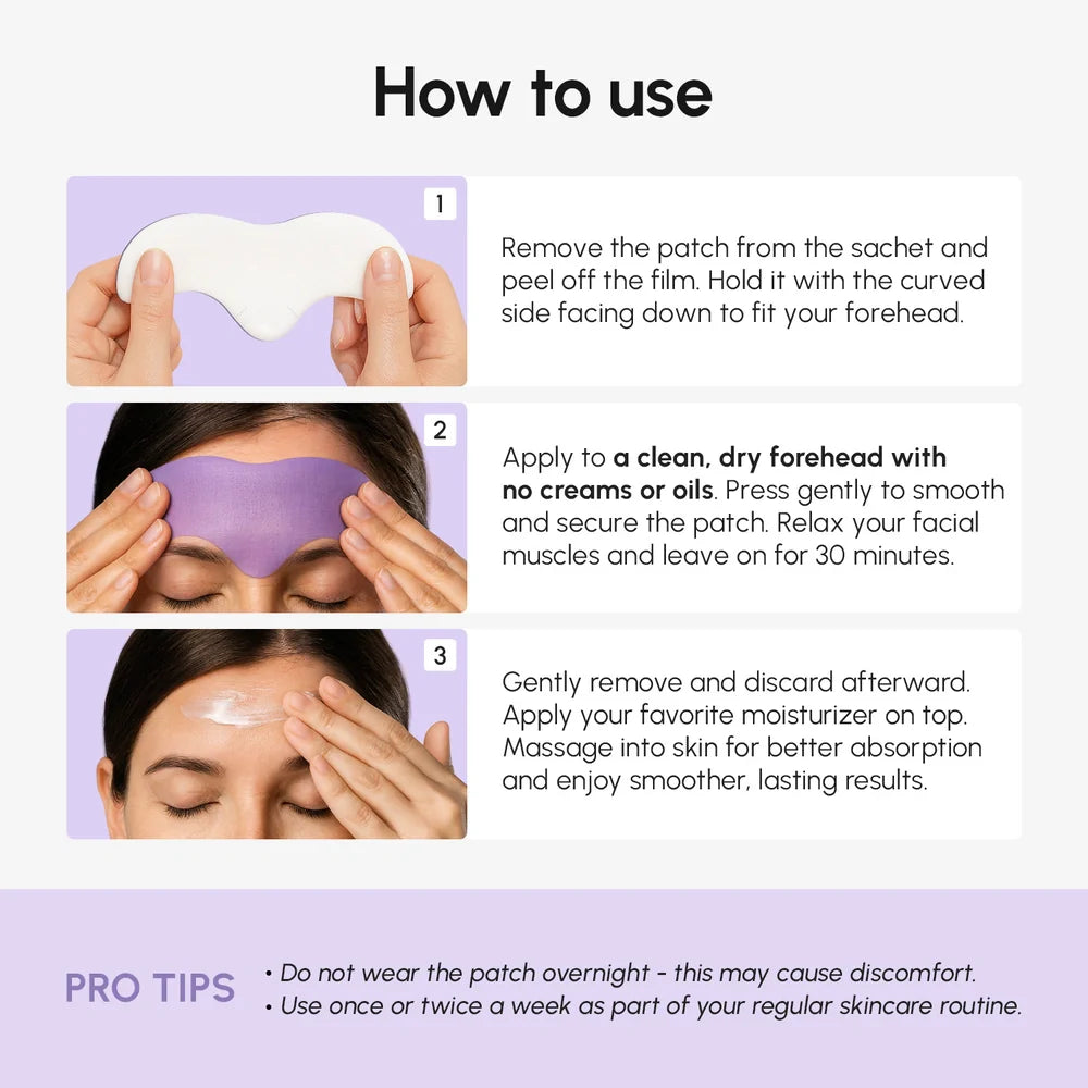 Maree anti-wrinkle forehead patches applied to smooth forehead skin, reducing fine lines and wrinkles naturally.