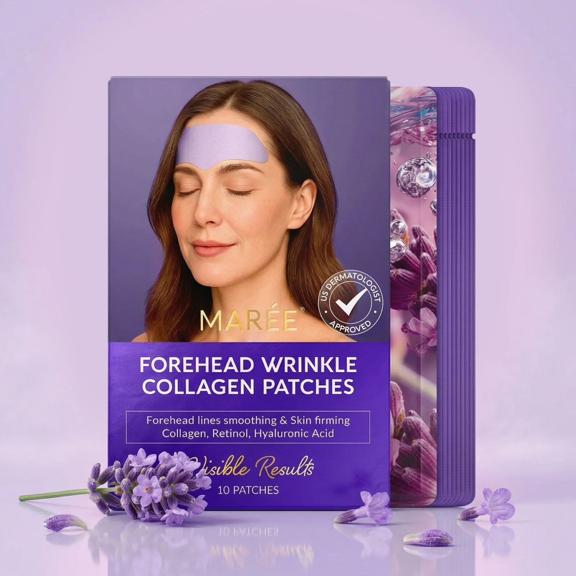 Maree anti-wrinkle forehead patches shown on a person's forehead, designed to reduce wrinkles and smooth skin.