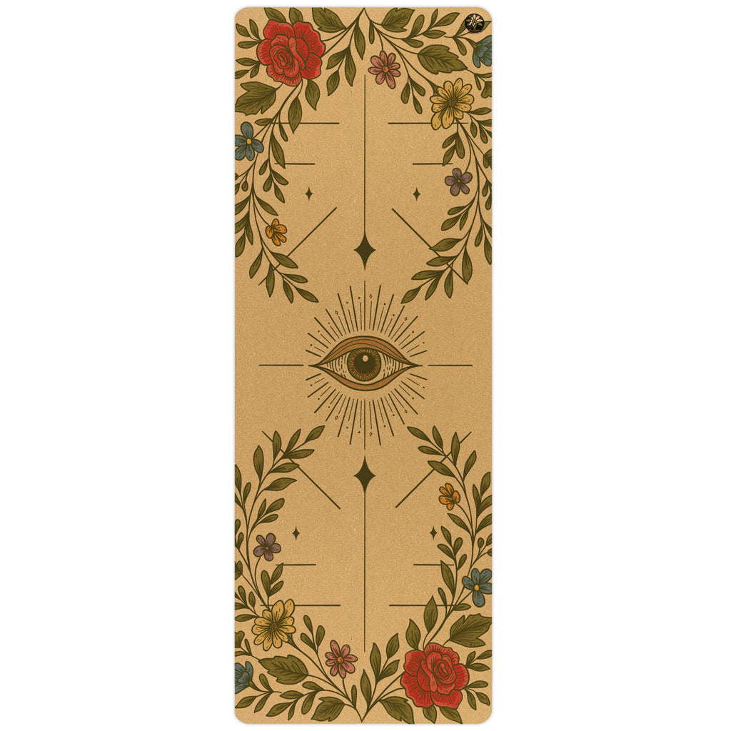 Yoloha Yoga Infinite Bloom Aura cork yoga mat with colorful, floral design for yoga and Pilates practice.