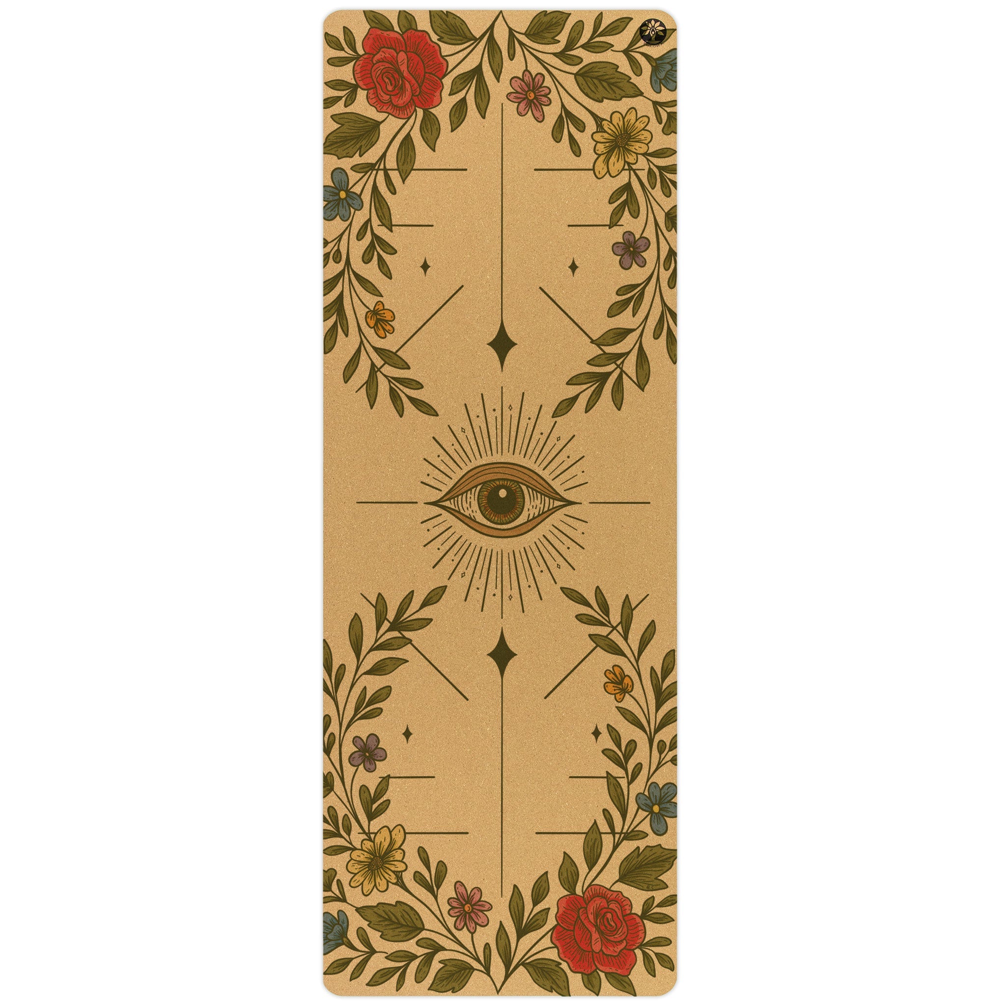 Yoloha Yoga Infinite Bloom Unity Pro cork yoga mat laid flat, showing textured surface for grip and natural cork material for yoga practice.