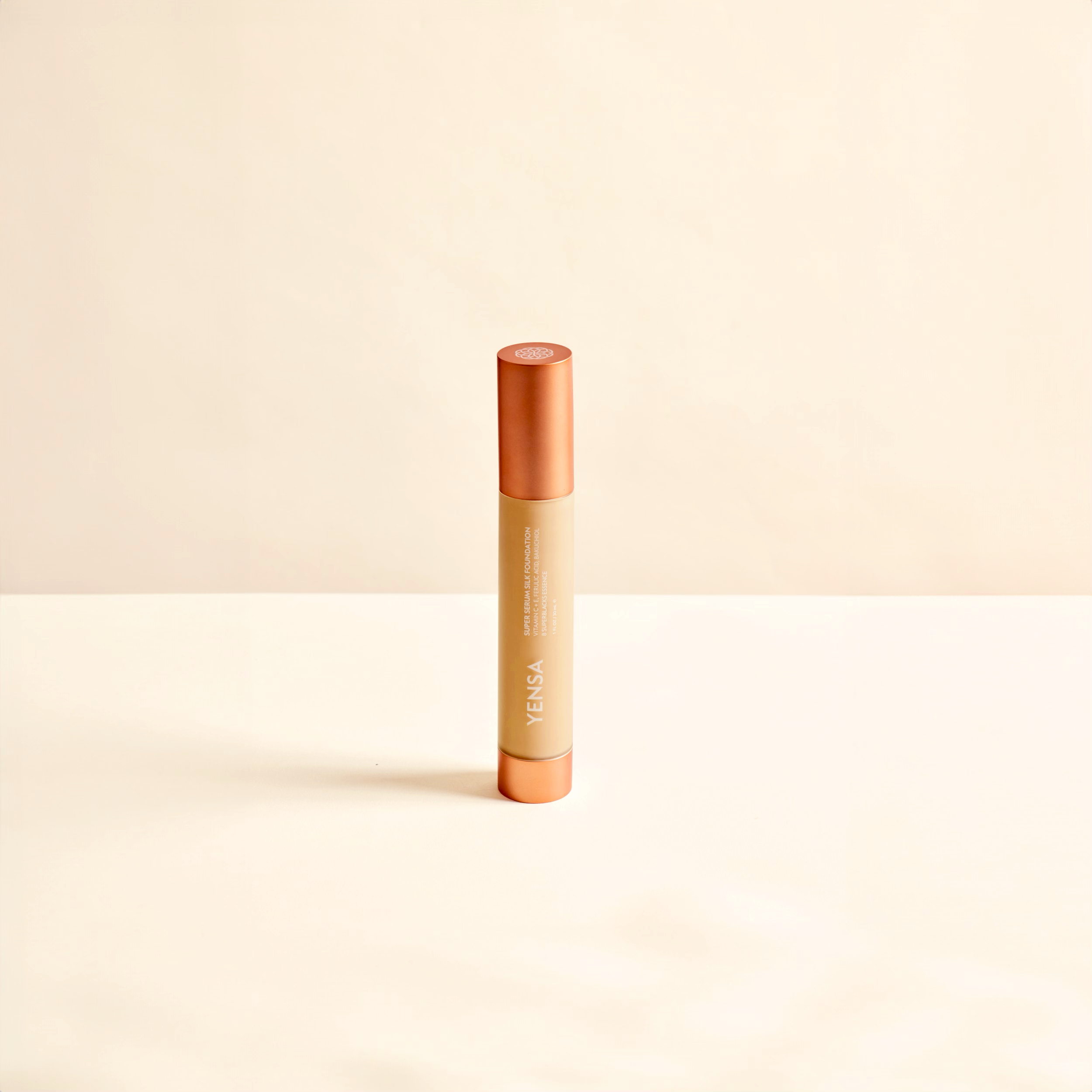 YENSA Super Serum Silk Hydrating Foundation providing a natural glow and radiant skin finish, shown in a sleek bottle.