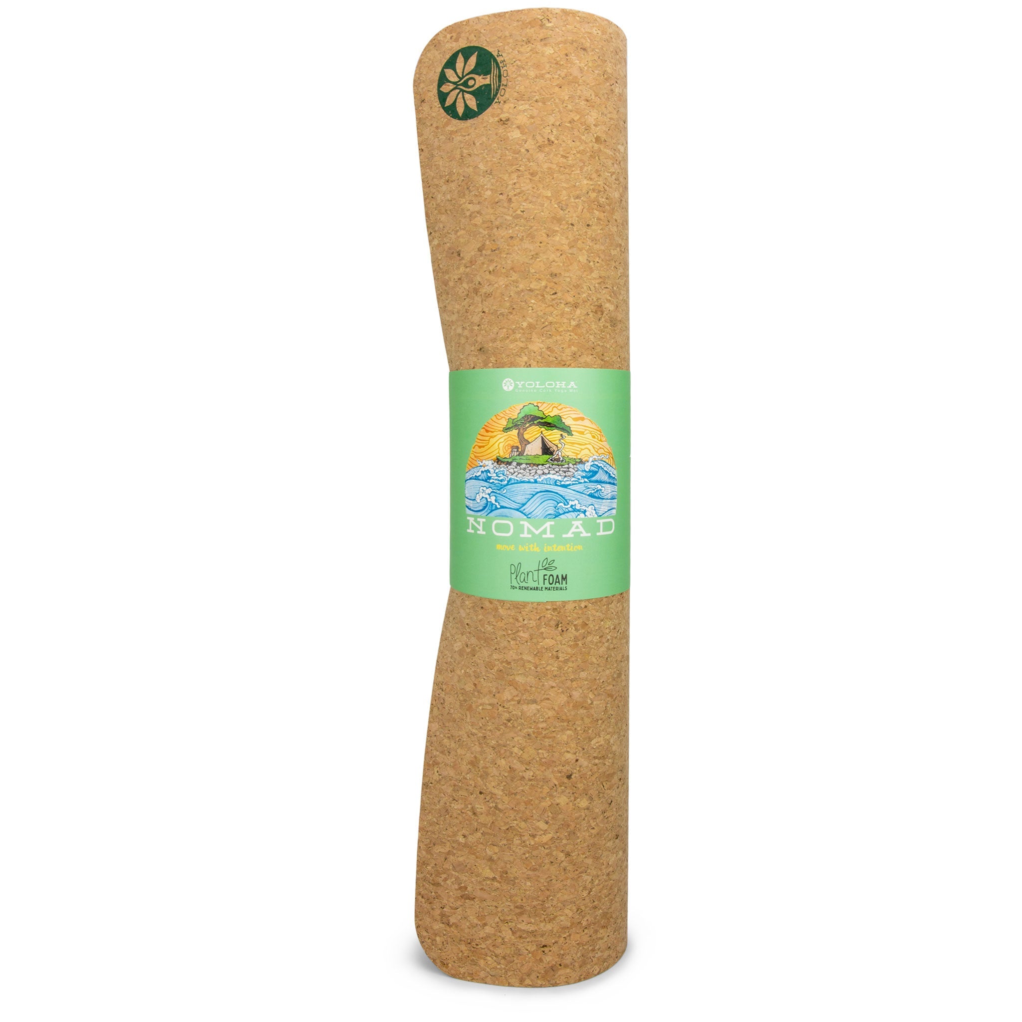 Rolled Yoloha Yoga Swirly Flow Nomad Cork Yoga Mat with a textured surface, designed for yoga and Pilates practice.