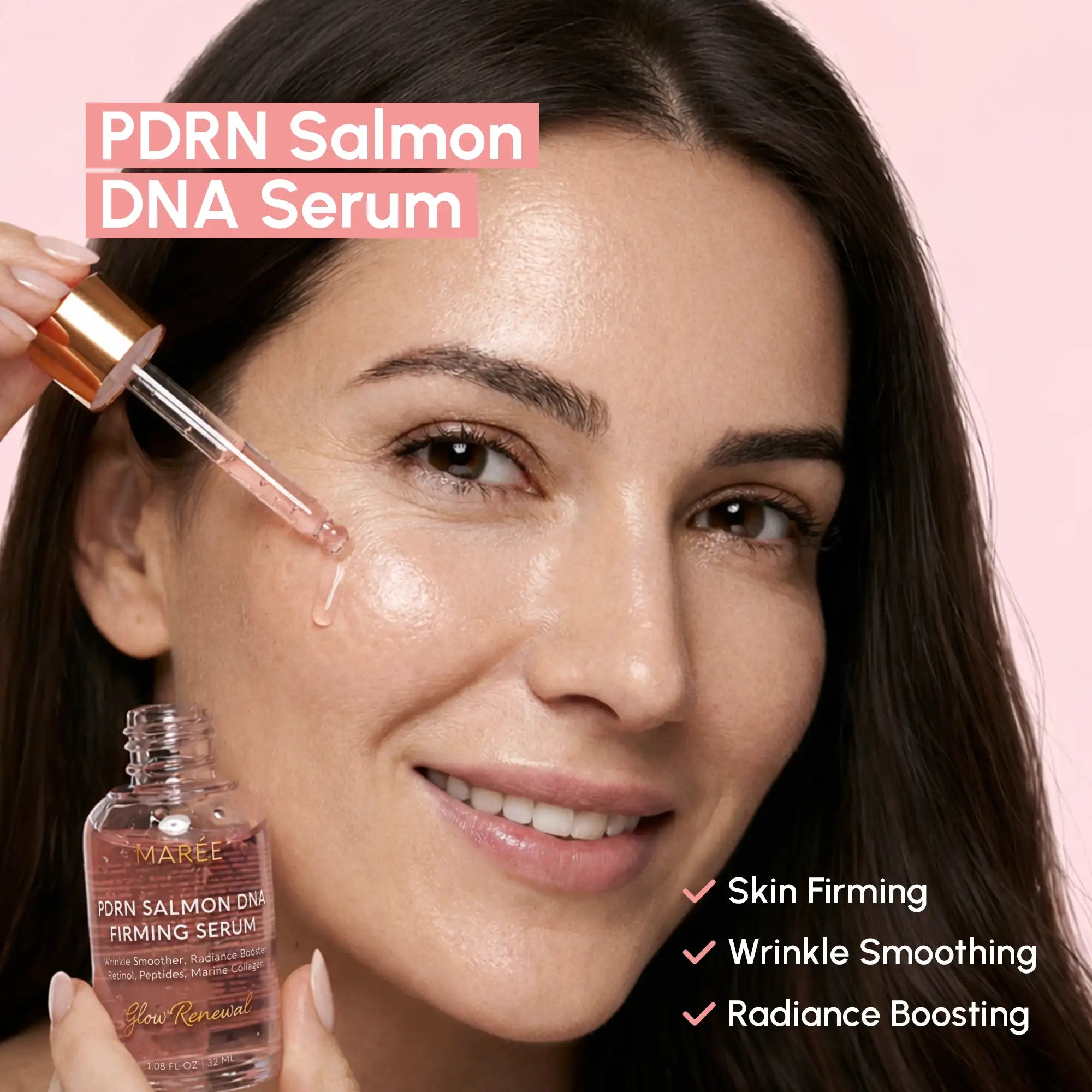 Maree Firming & Renewing PDRN Serum bottle with dropper, close-up shot showing product label and packaging.
