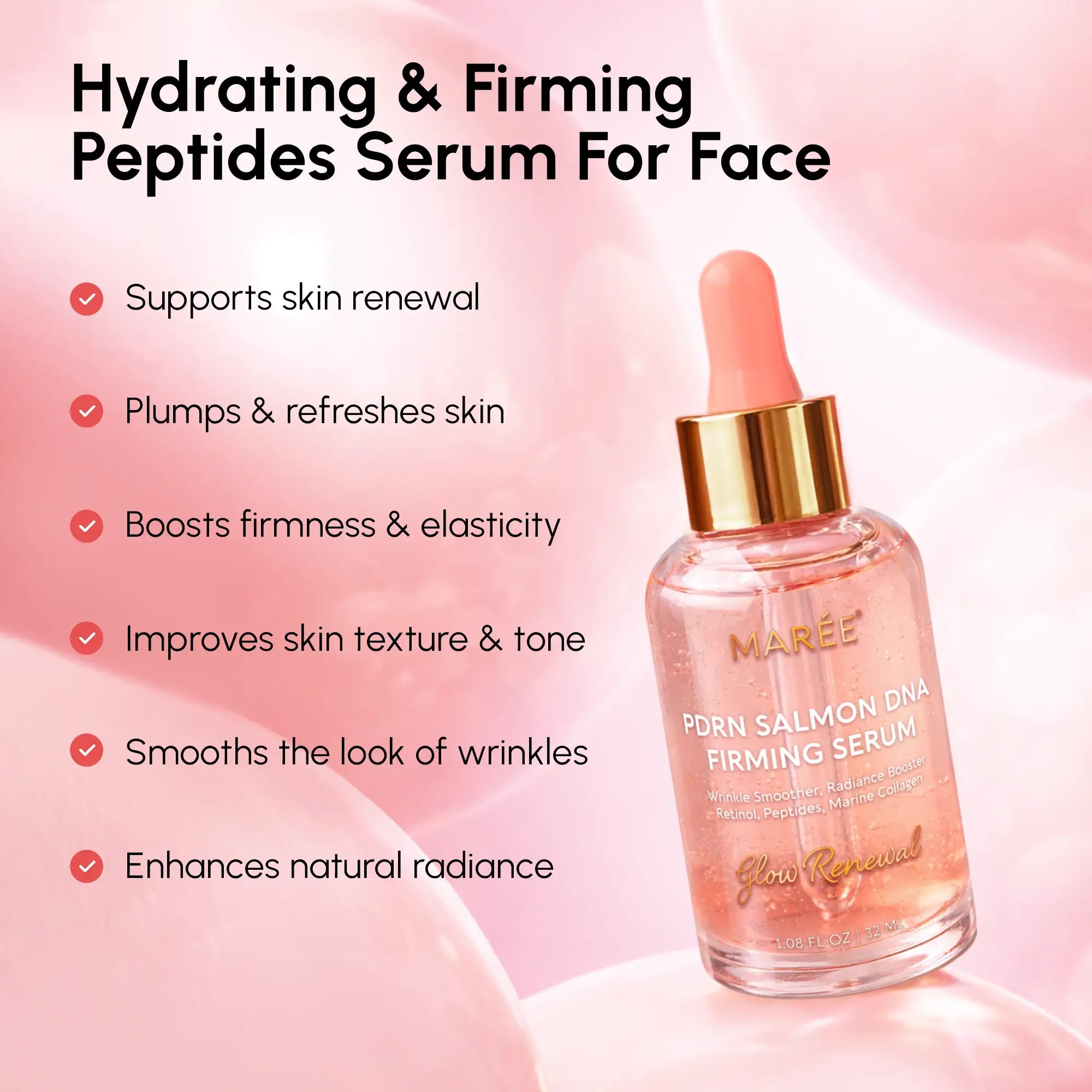 Maree Firming & Renewing PDRN Serum in a sleek glass bottle, showcasing its luxurious skincare formulation for skin rejuvenation.