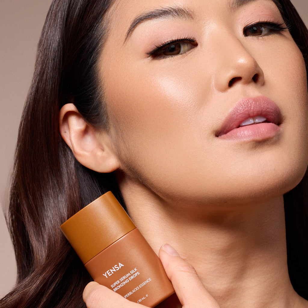 YENSA Super Serum Silk Bronzing Drops in a dropper bottle, showcasing a golden bronzer liquid for a natural sun-kissed glow.