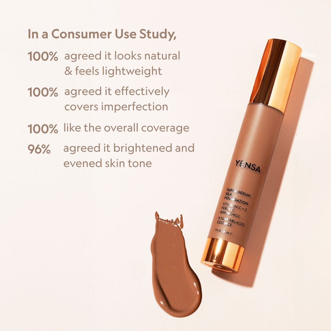 YENSA Super Serum Silk Foundation in a sleek bottle, showcasing radiant, natural glow skin with hydrating peptide formula.