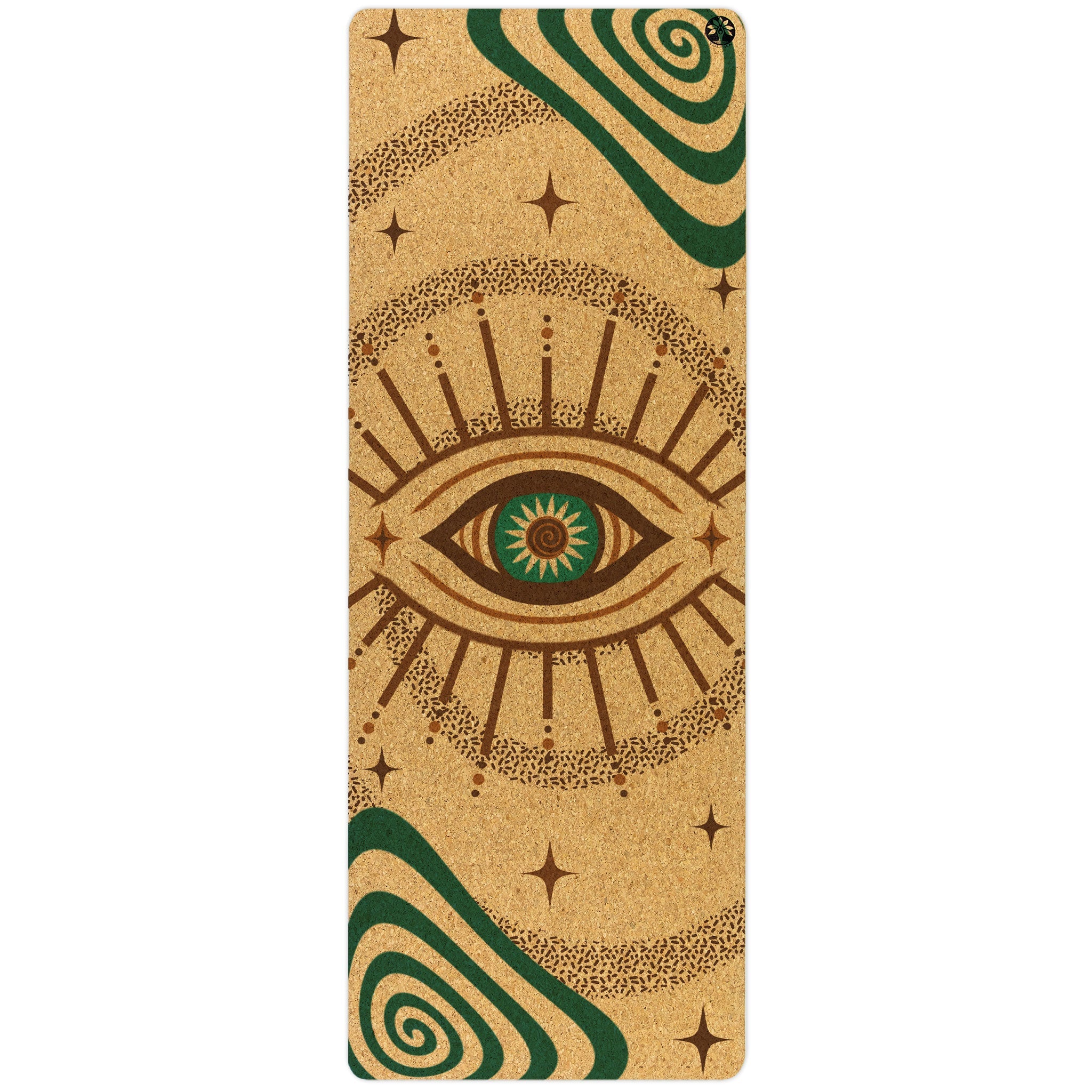Swirly Flow Nomad cork yoga mat by Yoloha Yoga with a colorful swirling pattern, ideal for yoga and Pilates practice.