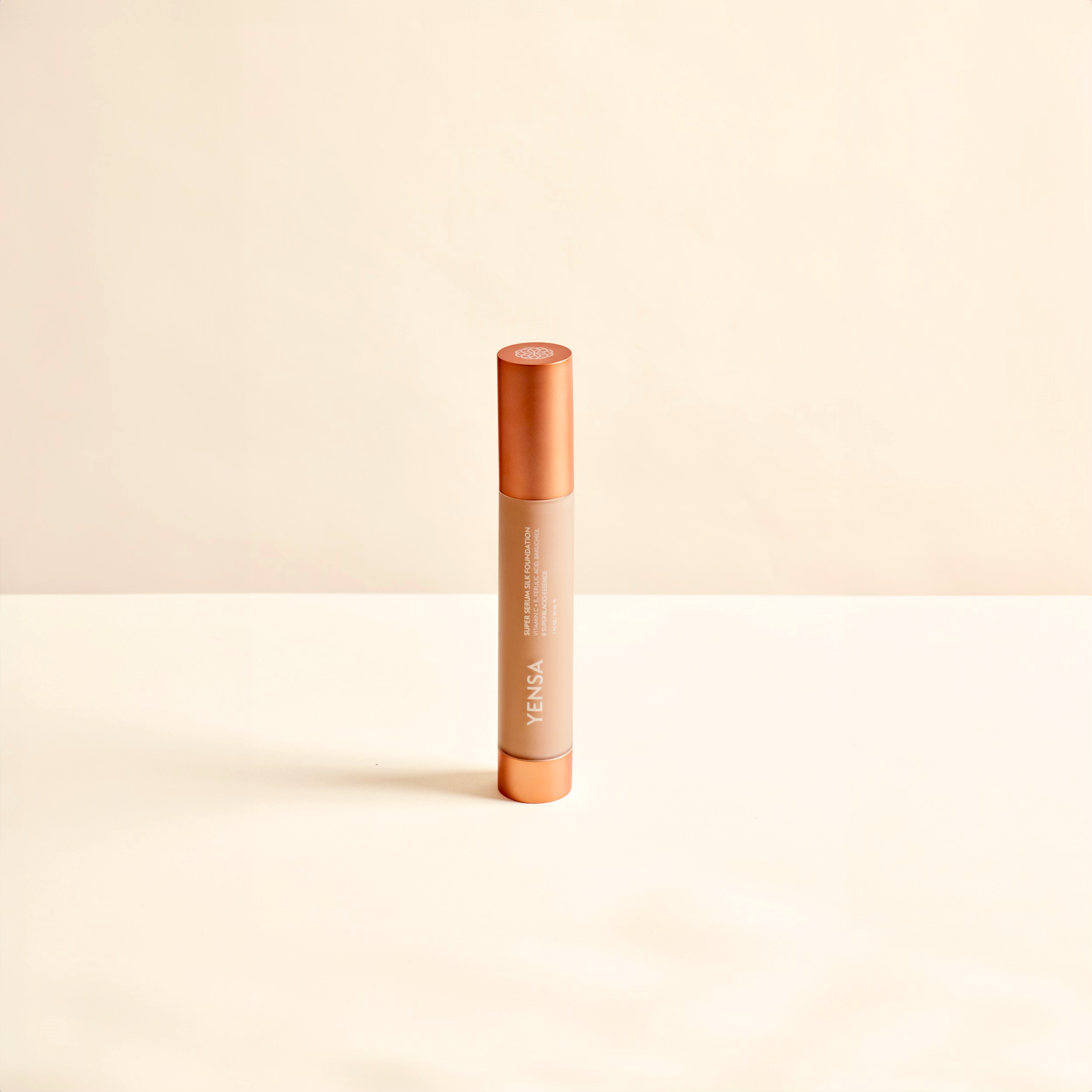 YENSA Super Serum Silk Foundation in tan shade, hydrating peptide formula for natural glow and radiant skin.
