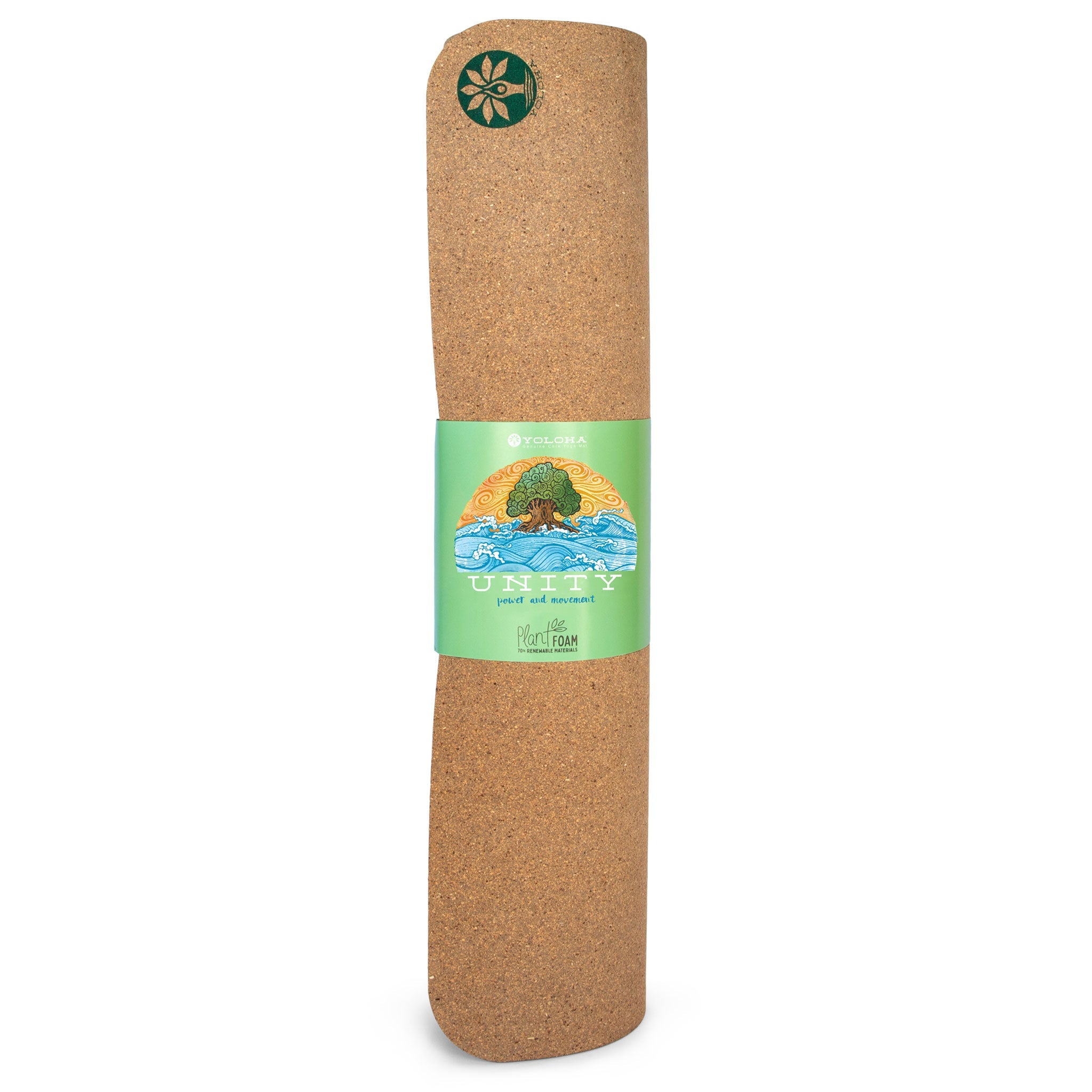 Rolled Yoloha Yoga Infinite Bloom Unity Pro cork yoga mat, textured surface designed for yoga and Pilates practice.