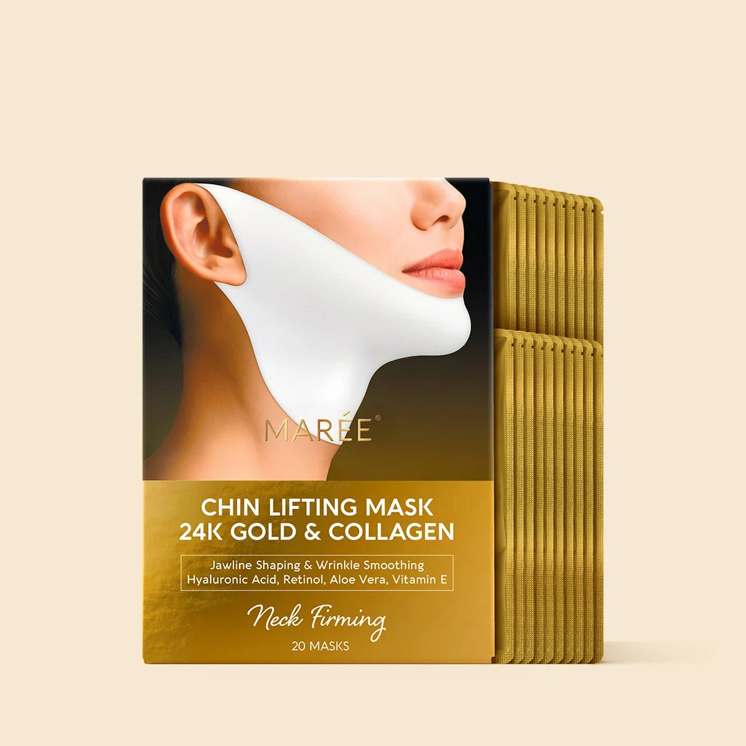 Set of 20 Maree 24K Gold V-Line Lifting Masks showing individual gold foil mask sheets for facial lifting and firming.